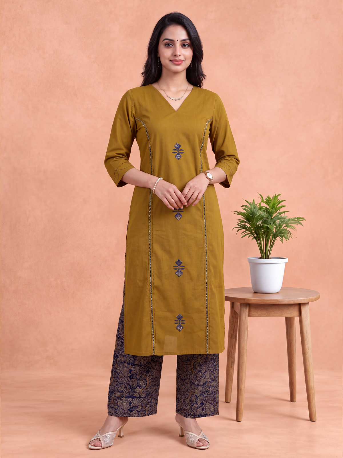 Women Floral Printed Mustard Kurti Set EKS156