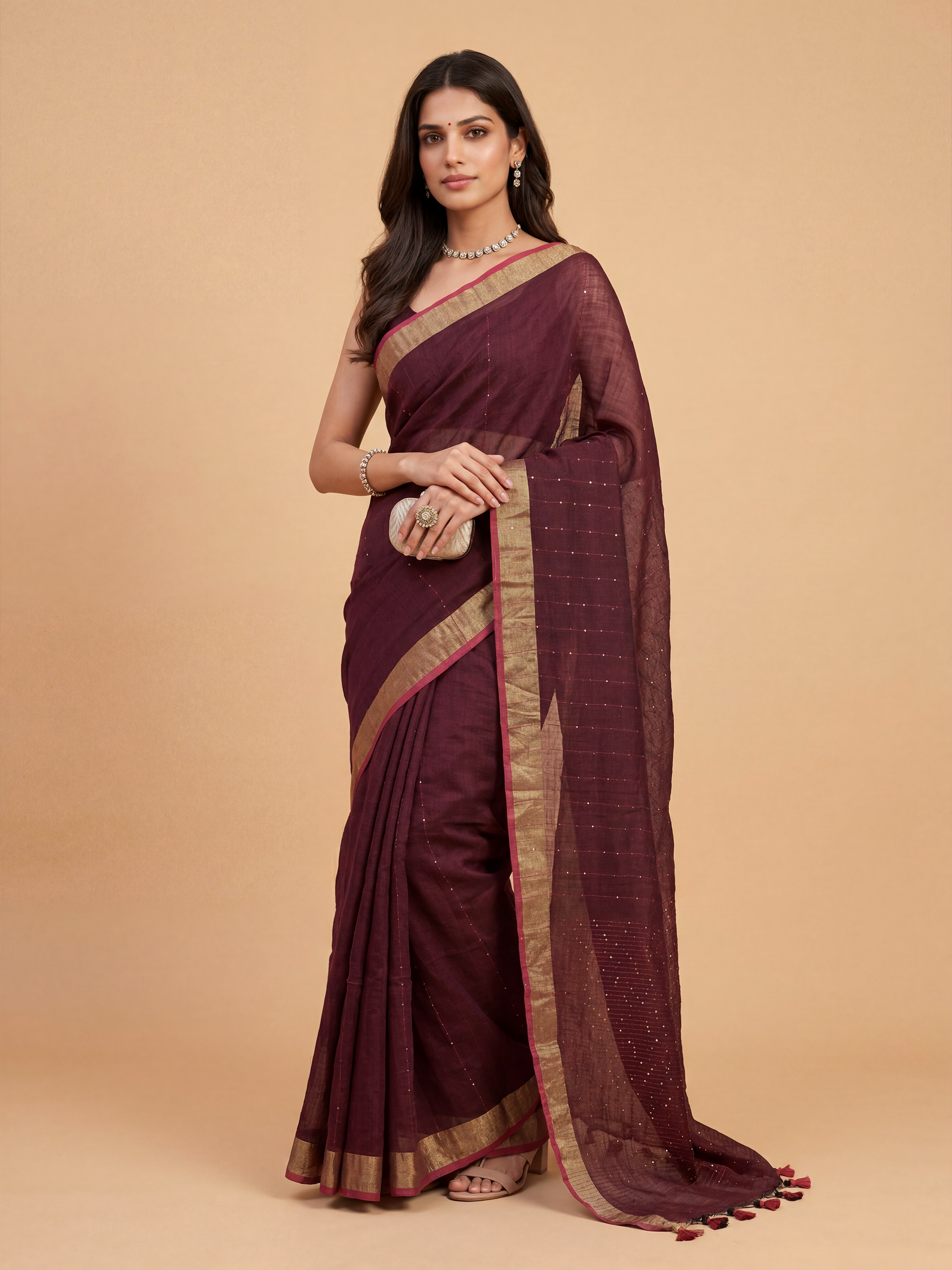Women Semi Linen Dark Violet Saree SL253