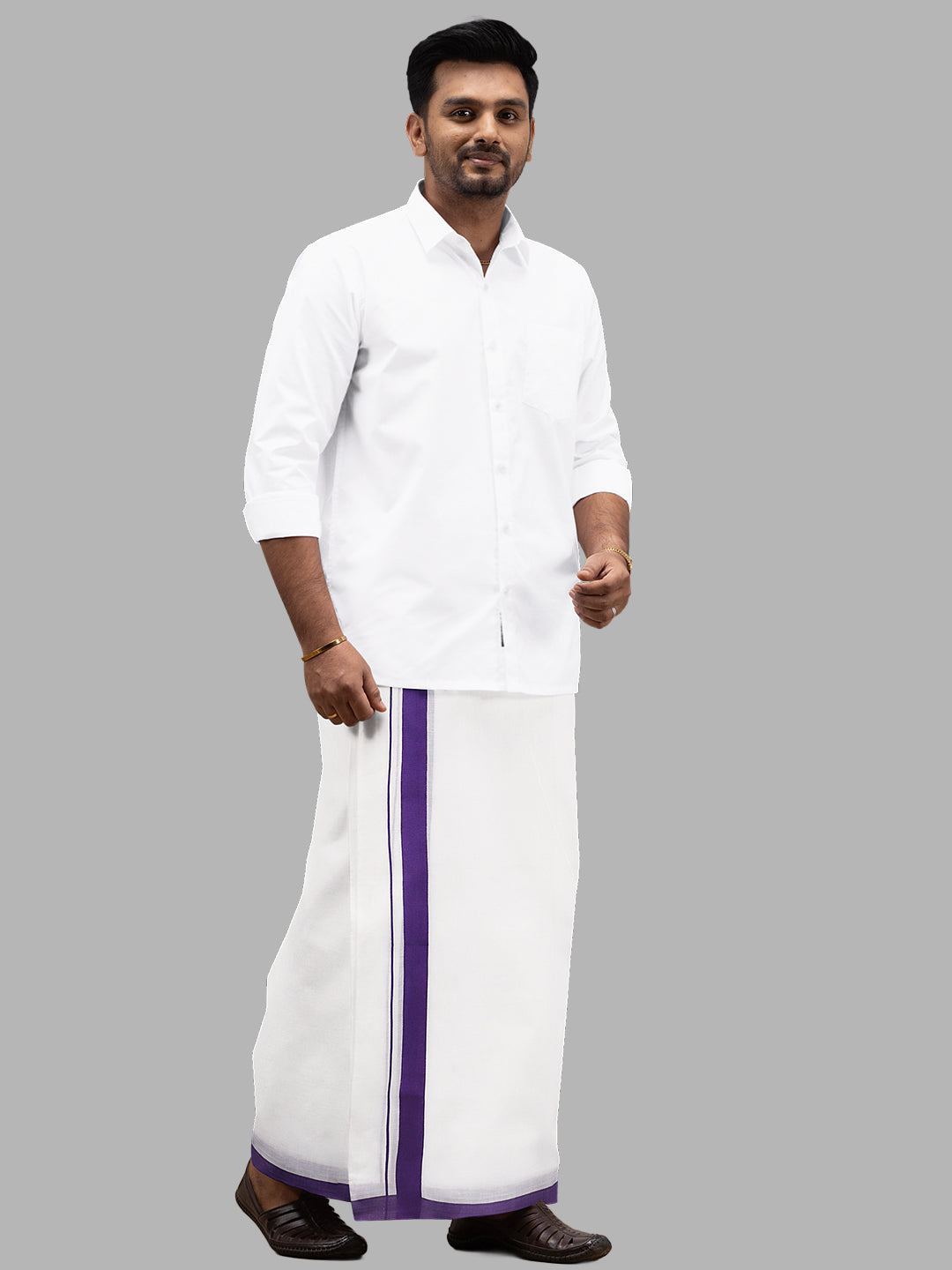 Men Violet Fancy Border Double Layer White Dhoti RS02