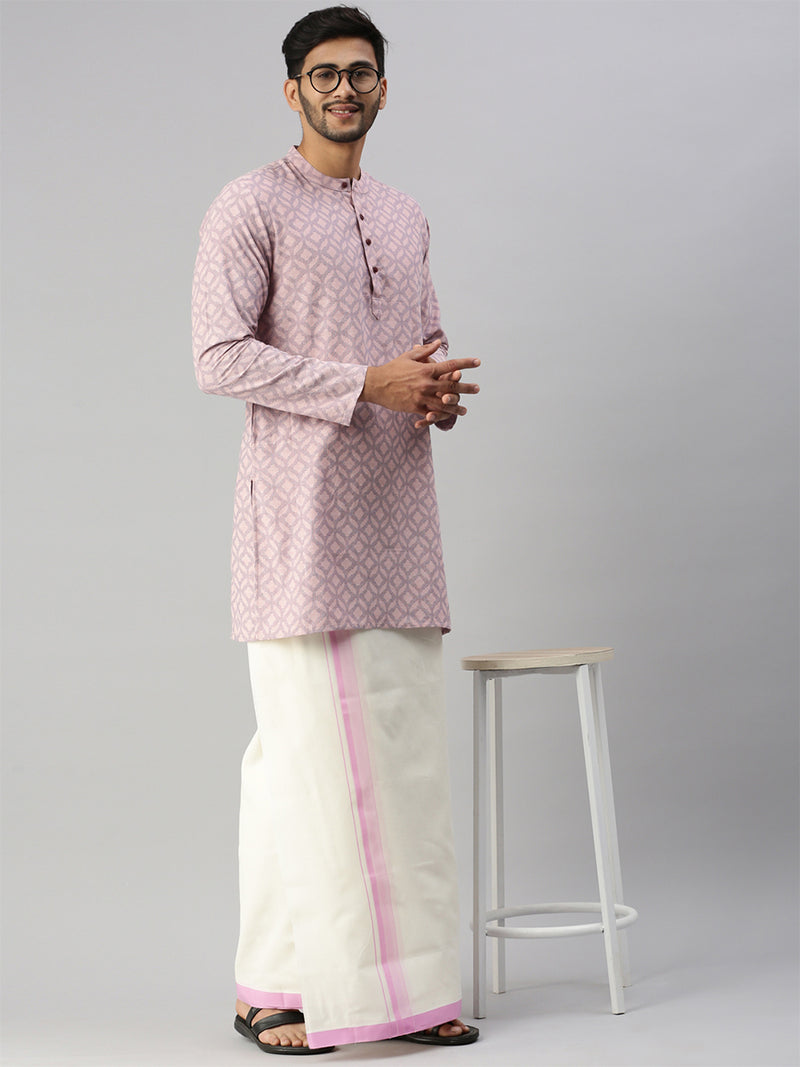 Mens Full Sleeves Pink & Navy Medium Length Pocket Kurta J36