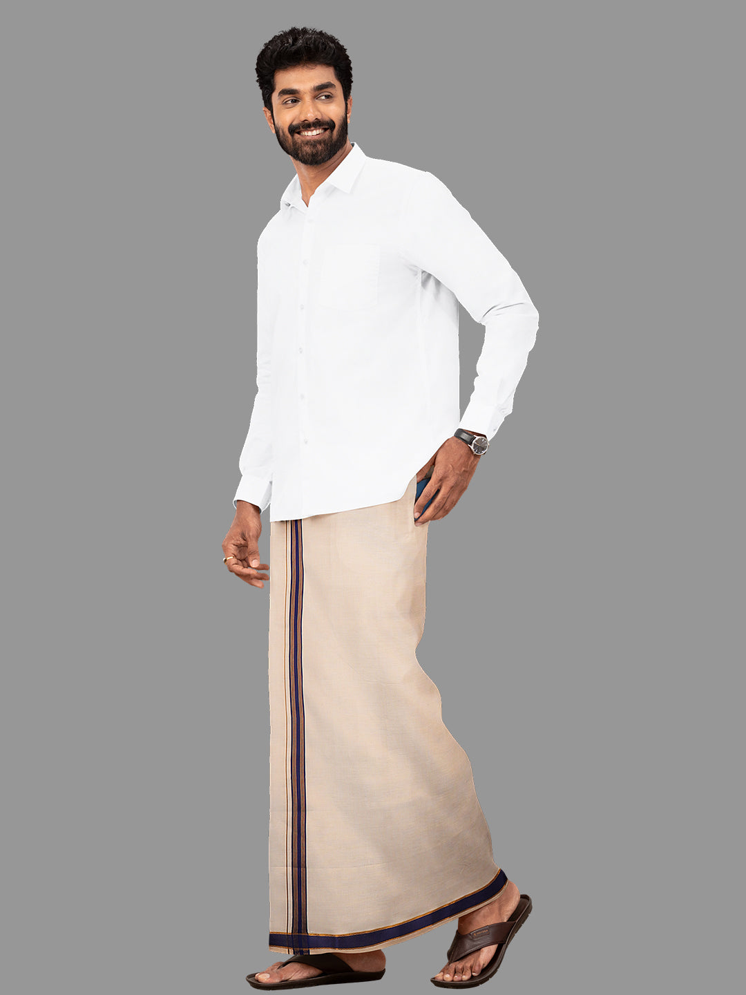 Men Tissue Adjustable Pocket Dhoti Blue Fancy Jari Border