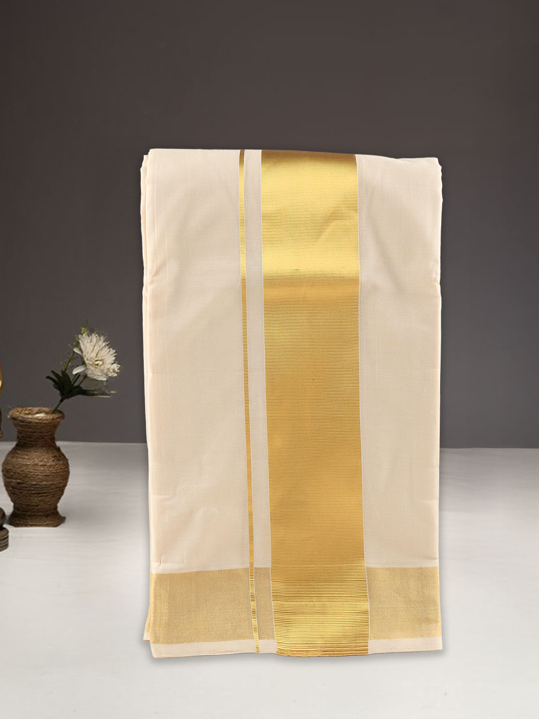 Men Premium Handloom Dhoti with Gold Jari Border HLM35
