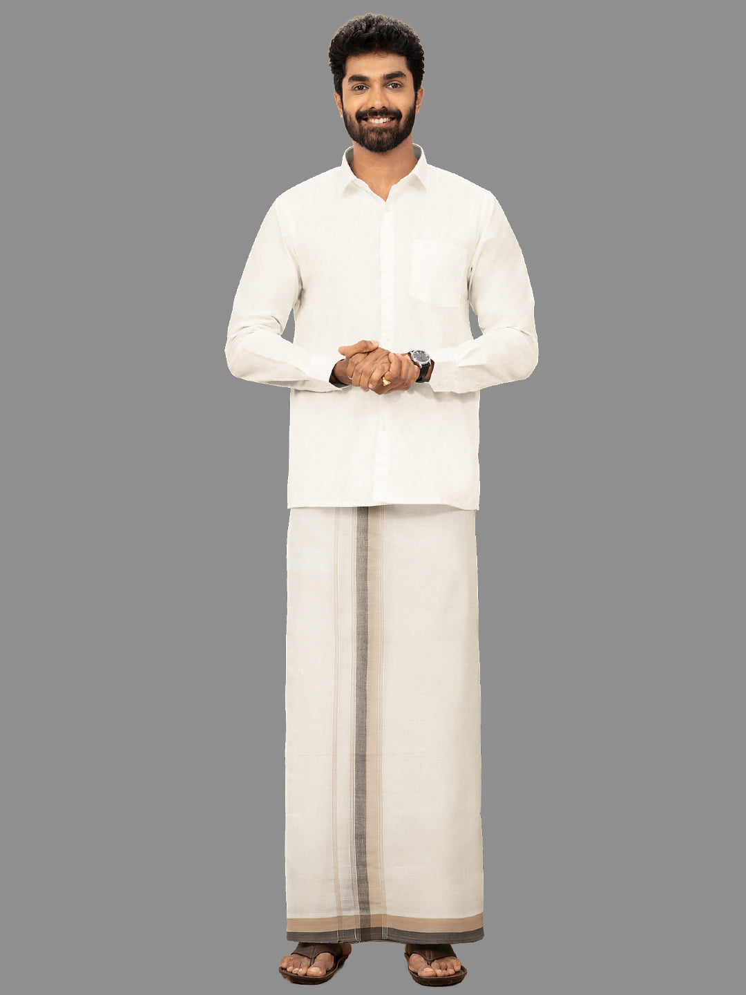 Men Grey Fancy Jari Border Kora Double Dhoti Harmony Fancy