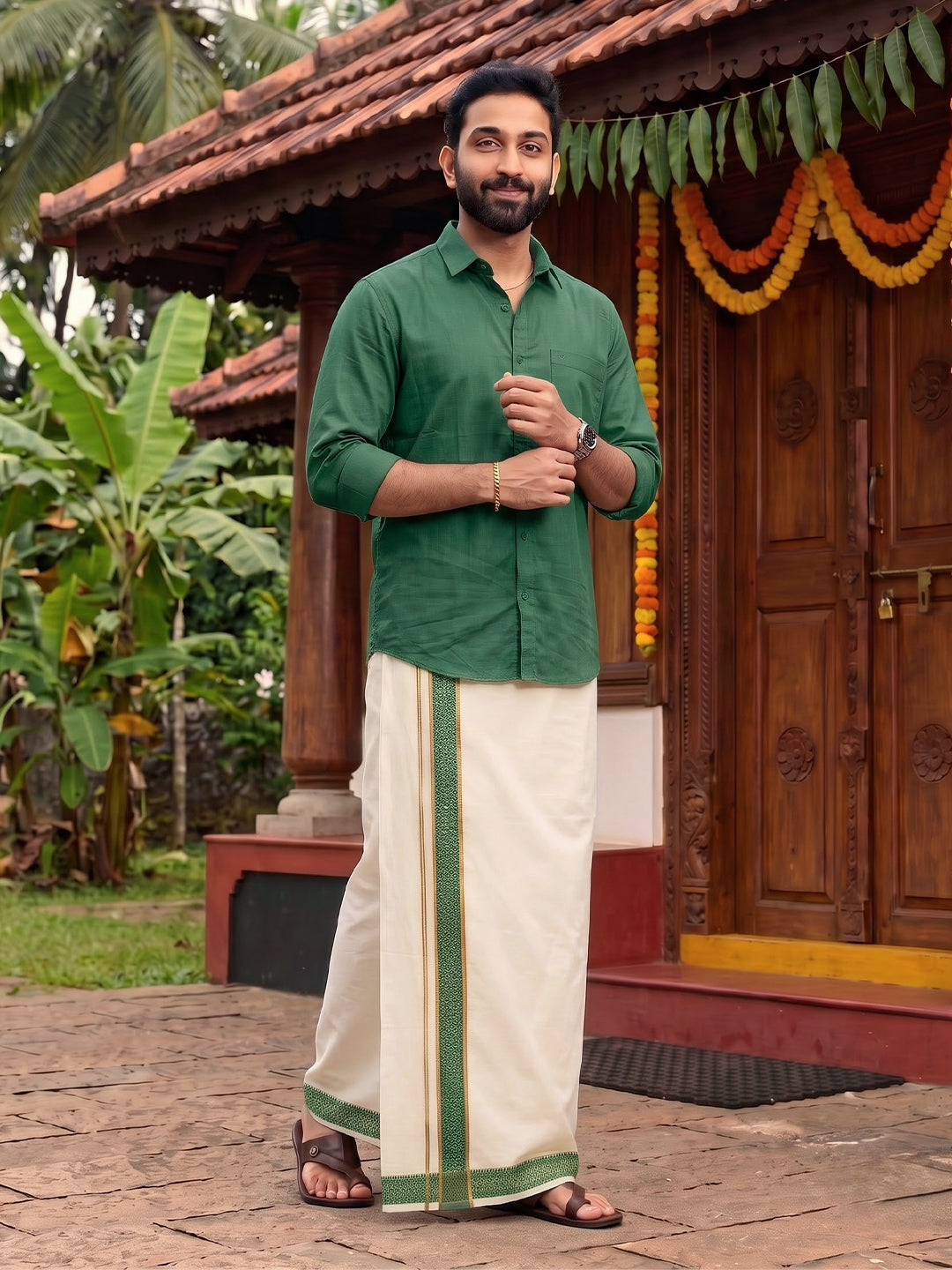 Double Layer 100% Cotton Cream Kora Dhoti with Colour Jari Border - CF02