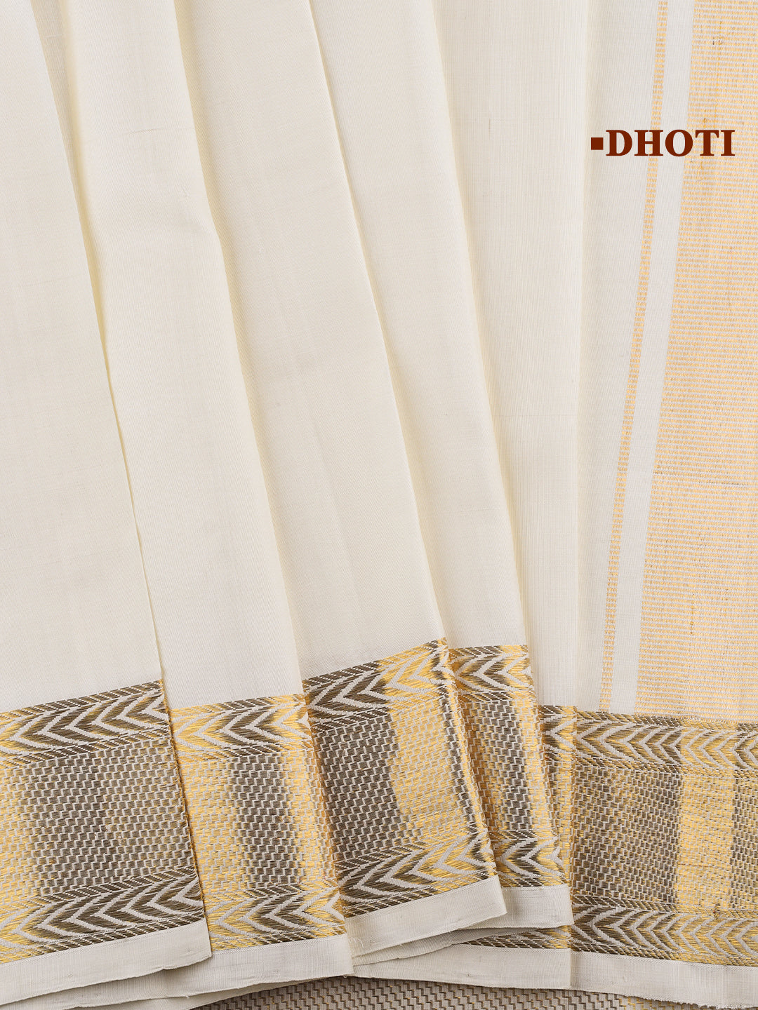 Men Pure Silk Cream Dhoti with 3 1/2 " inch Gold Jari Border Klasam