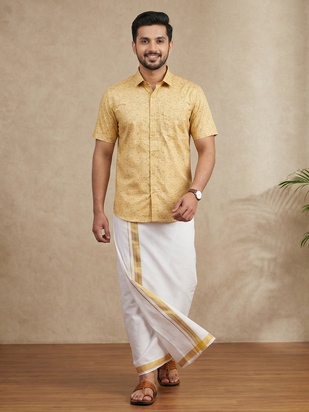 Like Father Like Son Matching Border Dhoti with Printed Shirt Combo Set Sandal PS21