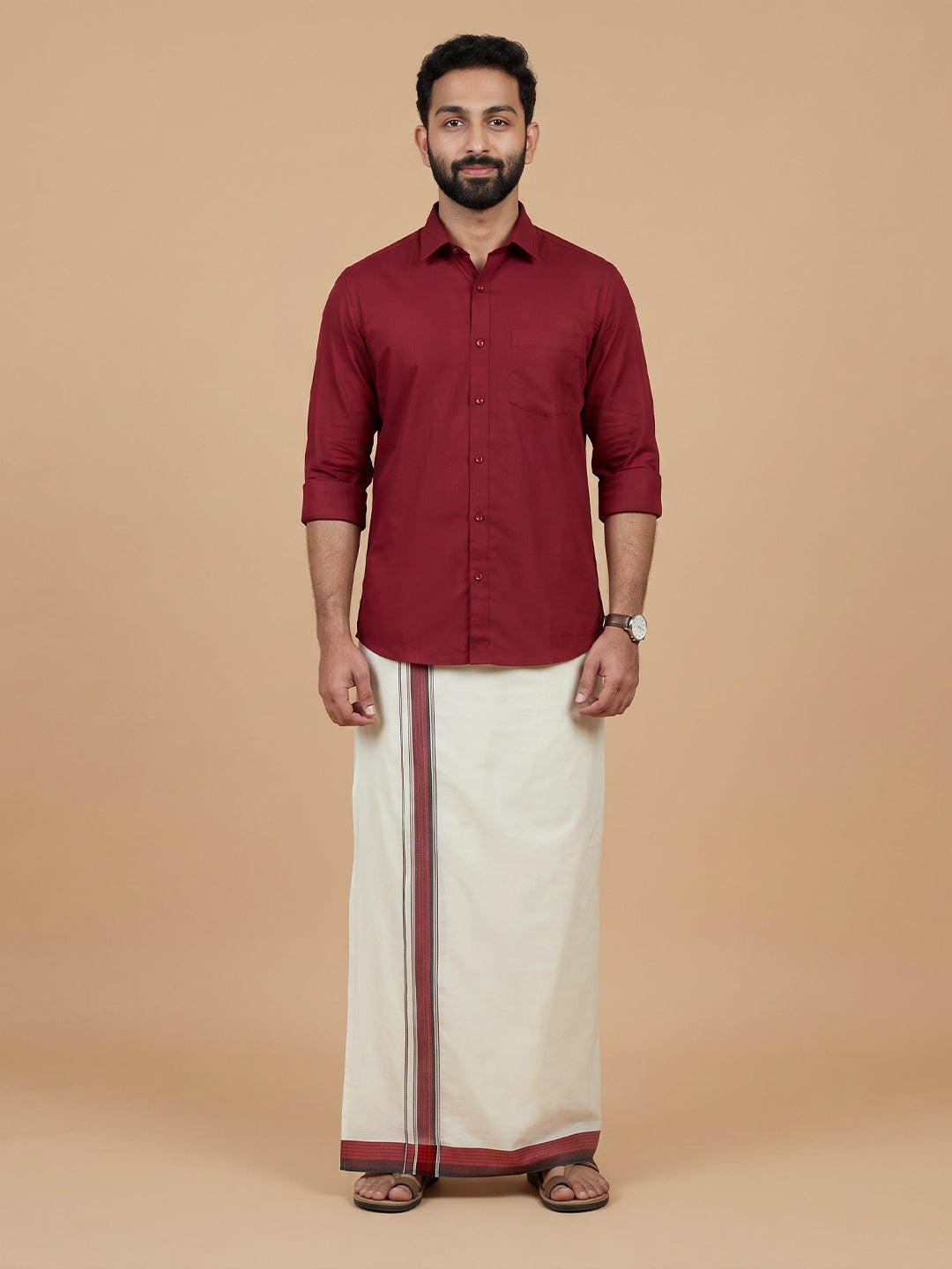 Double Layer 100% Cotton White Dhoti with Colour Jari Border - LC44
