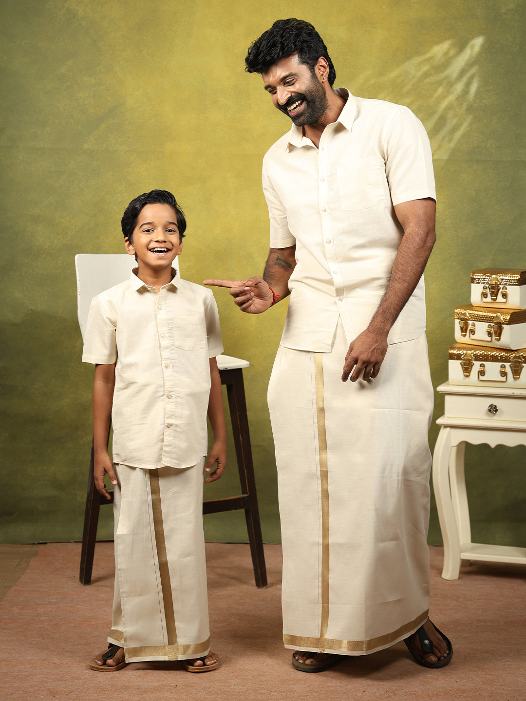 Like Father Like Son Tissue Shirt & Dhoti Combo Antique Gold