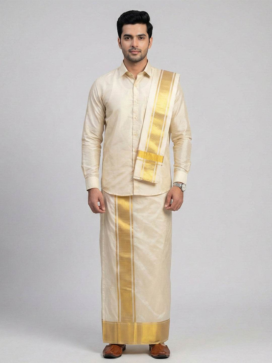 Men Art Silk Shirt & Dhoti Towel Set Dark Gold Bandham DGD1