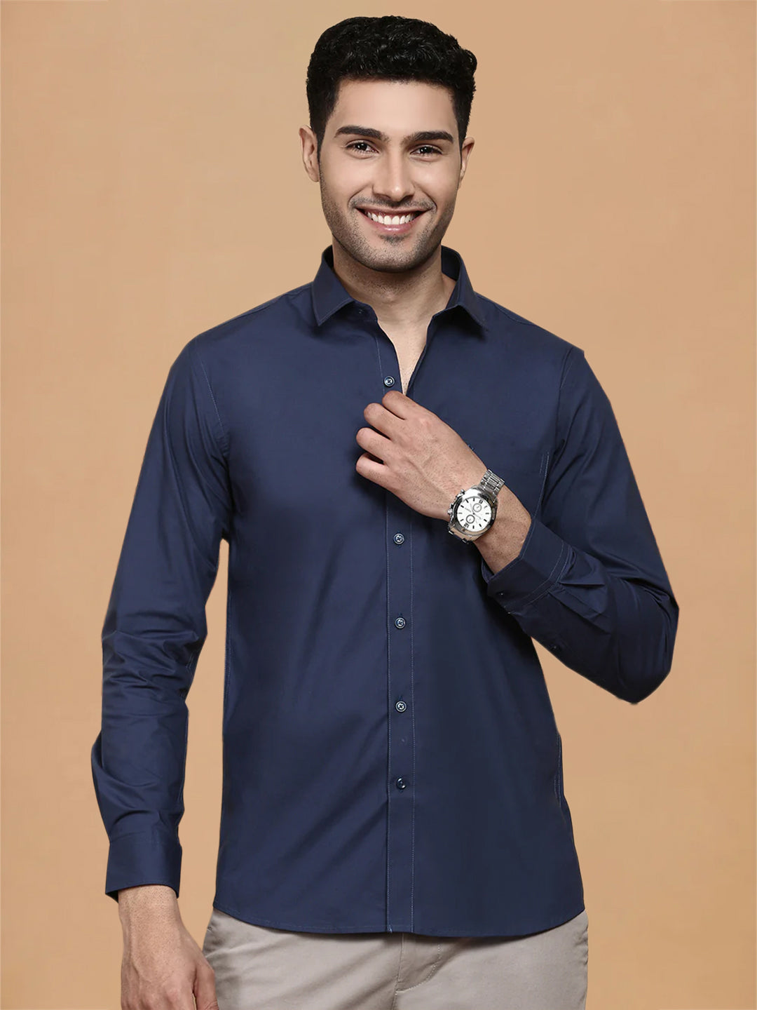 Cotton Spandex Navy 2 Way Stretch Smart Fit Shirt LY4