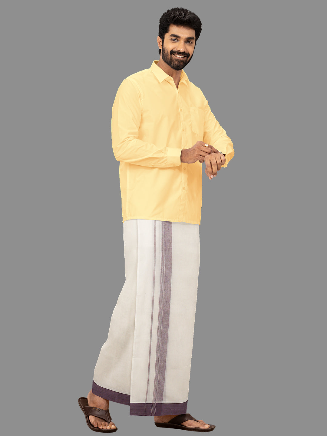 Men Purple Fancy Jari Border Kora Double Dhoti Harmony Fancy