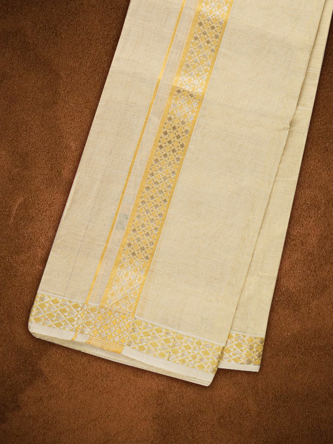 Mens Premium Handloom Tissue Double Dhoti with Gold Jari Border 110004-6