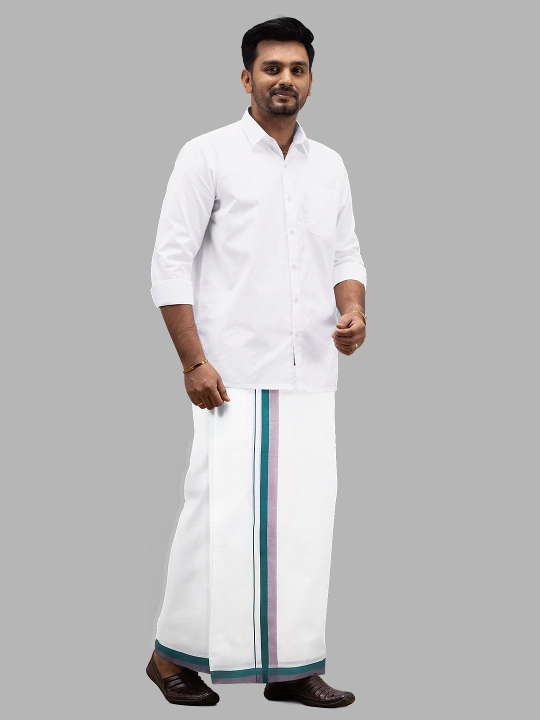 Men Green Fancy Border Double Layer White Dhoti PMF1