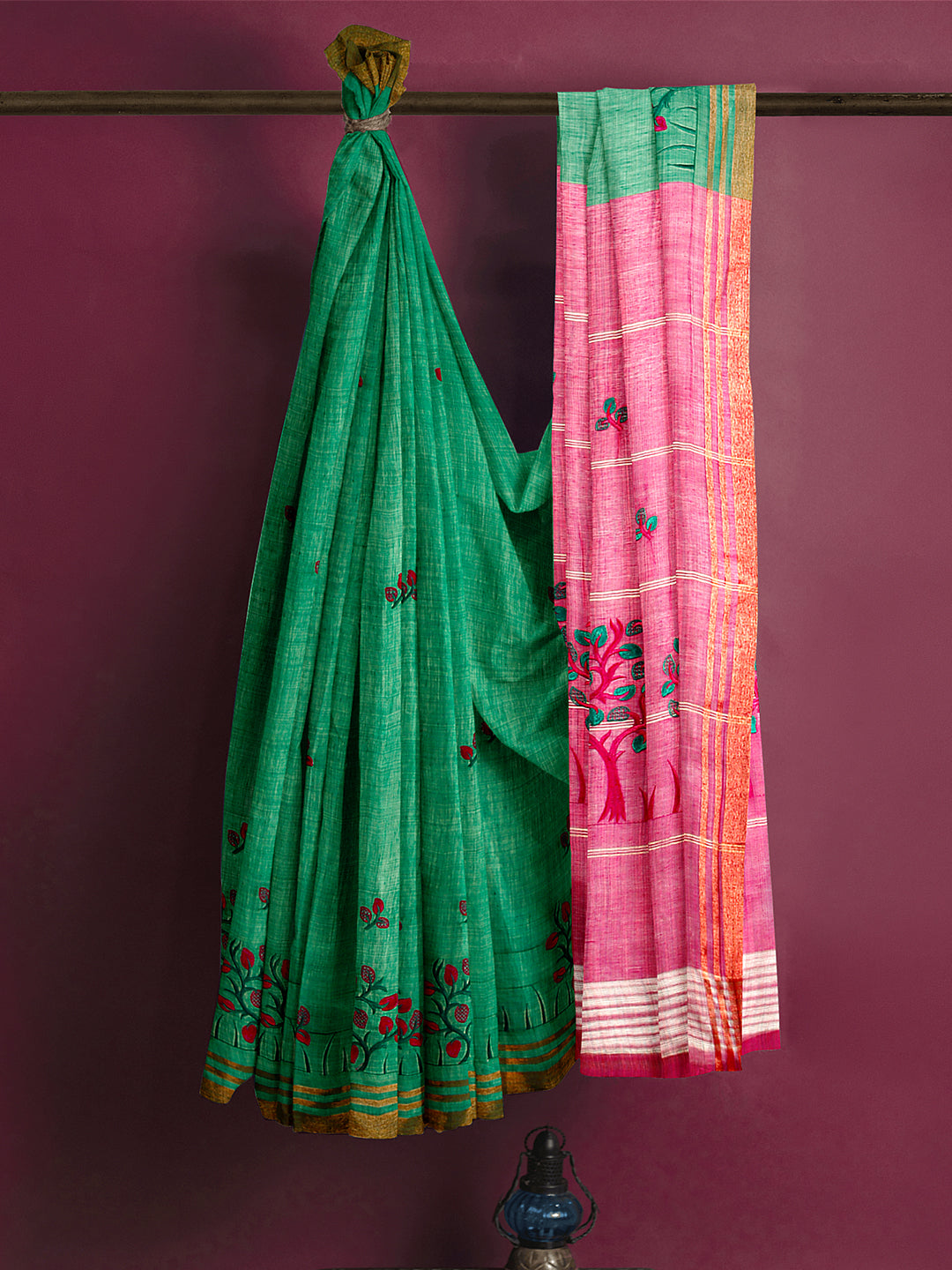 Semi Silk Cotton Allover Design Saree Green with Pink Gold Jari Border SSC18