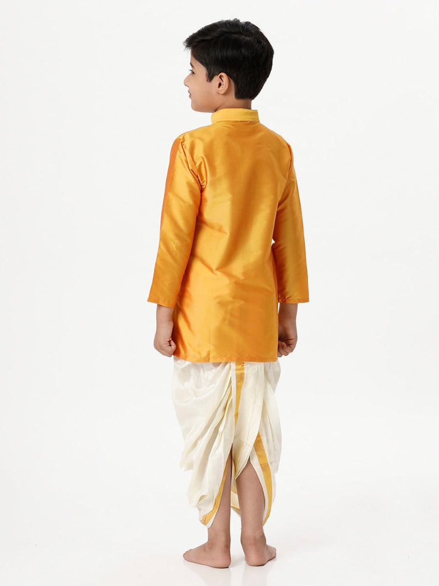 Boys Silk Cotton Full Sleeves Golden Yellow Kurta with Panchakacham Combo-Back view