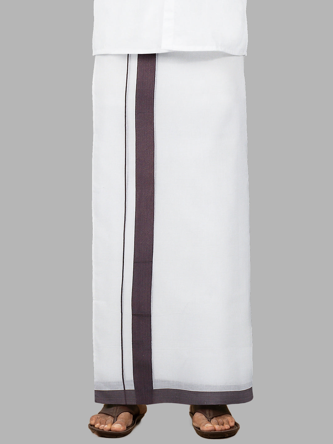 Men Violet Fancy Border Double Layer White Dhoti SSS01