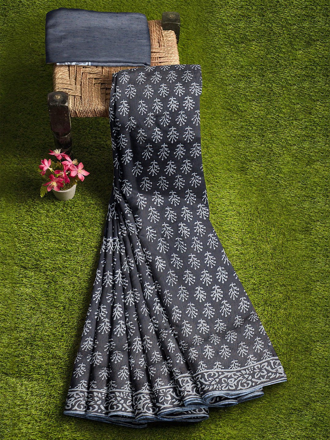 Women Dark Steel Grey Semi Tussar Printed Saree ST303