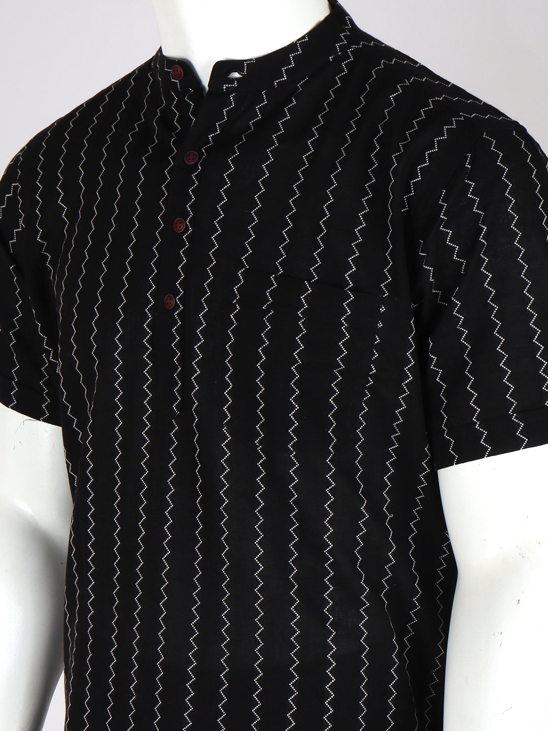Men Cotton Short Length Striped Pocket Kurta Black PC35