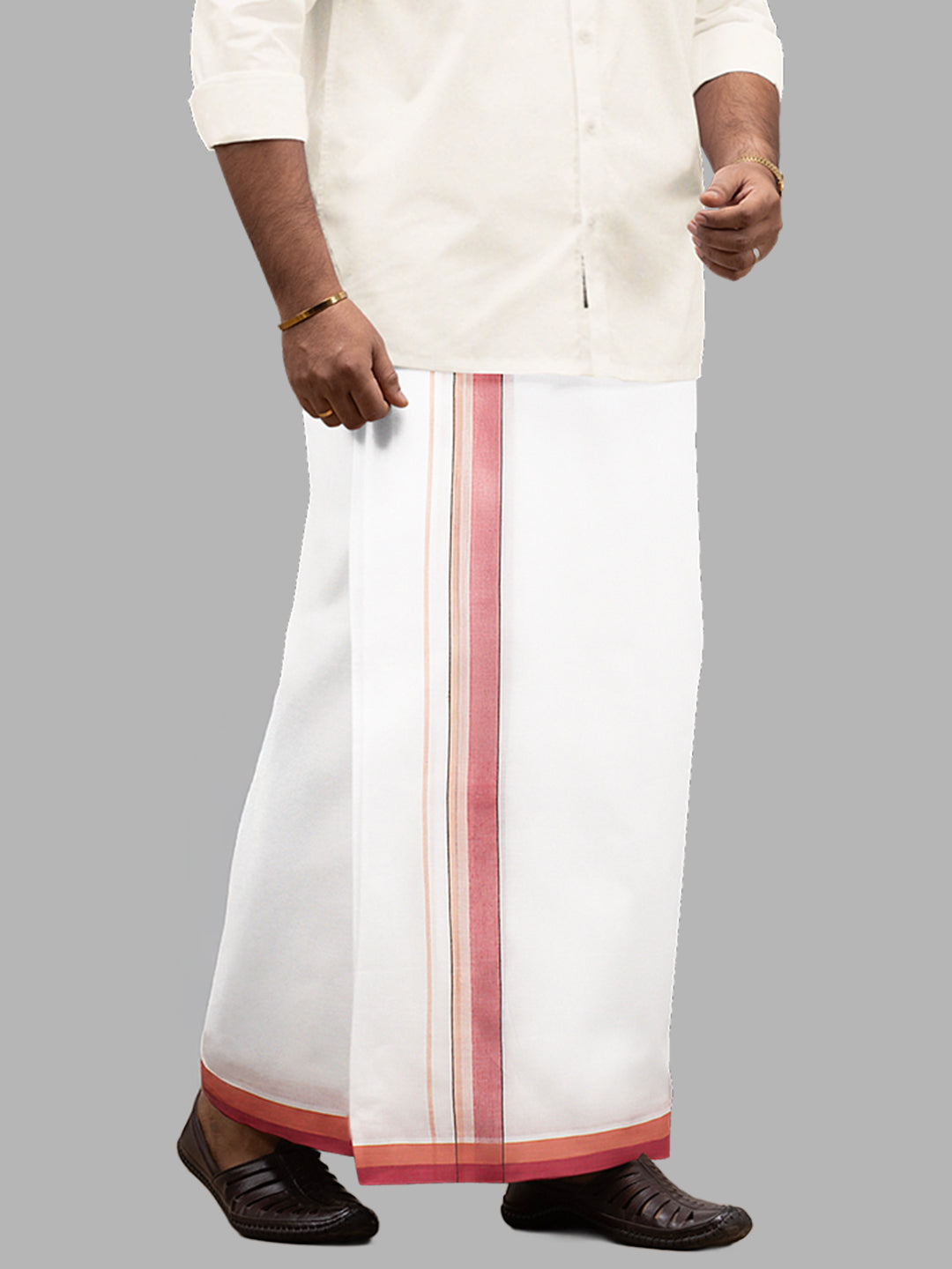 Men Red Fancy Border Double Layer White Dhoti PMF6