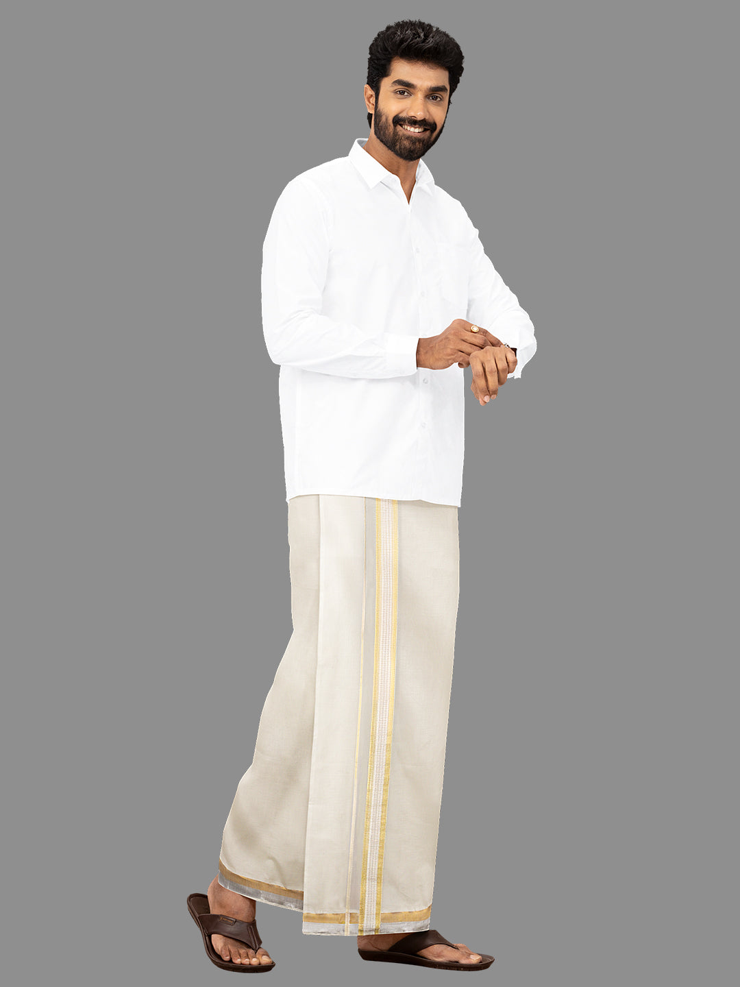 Mens Kora Double Dhoti Gold Jari Border Gold Crown 5435 GC01