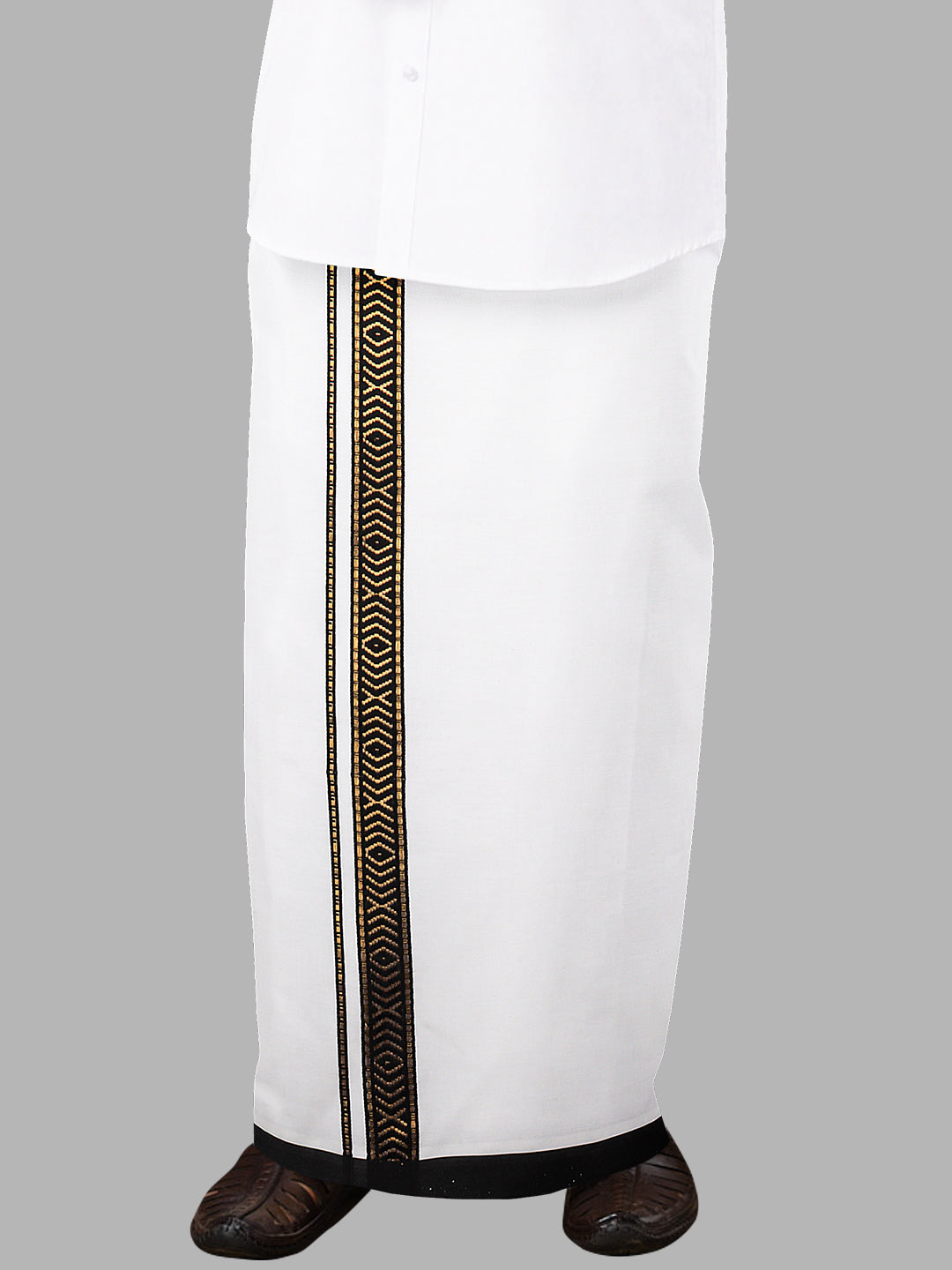 Men Black Fancy Border Single Layer White Dhoti Grand Royal