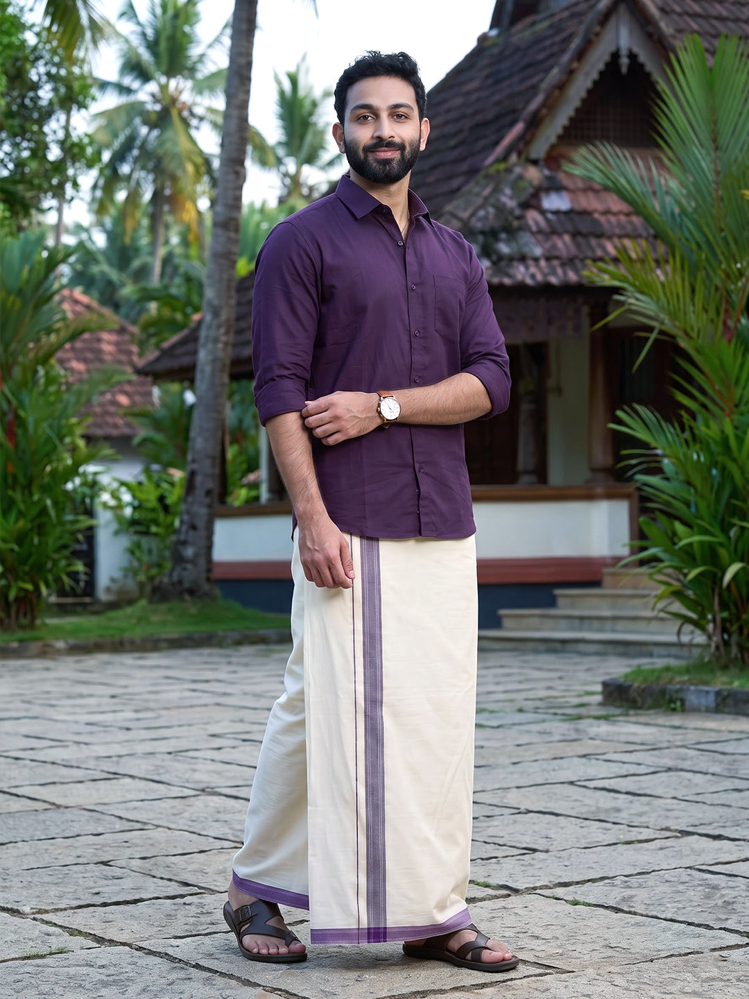 Double Layer 100% Cotton White Dhoti with Colour Jari Border - EJF25