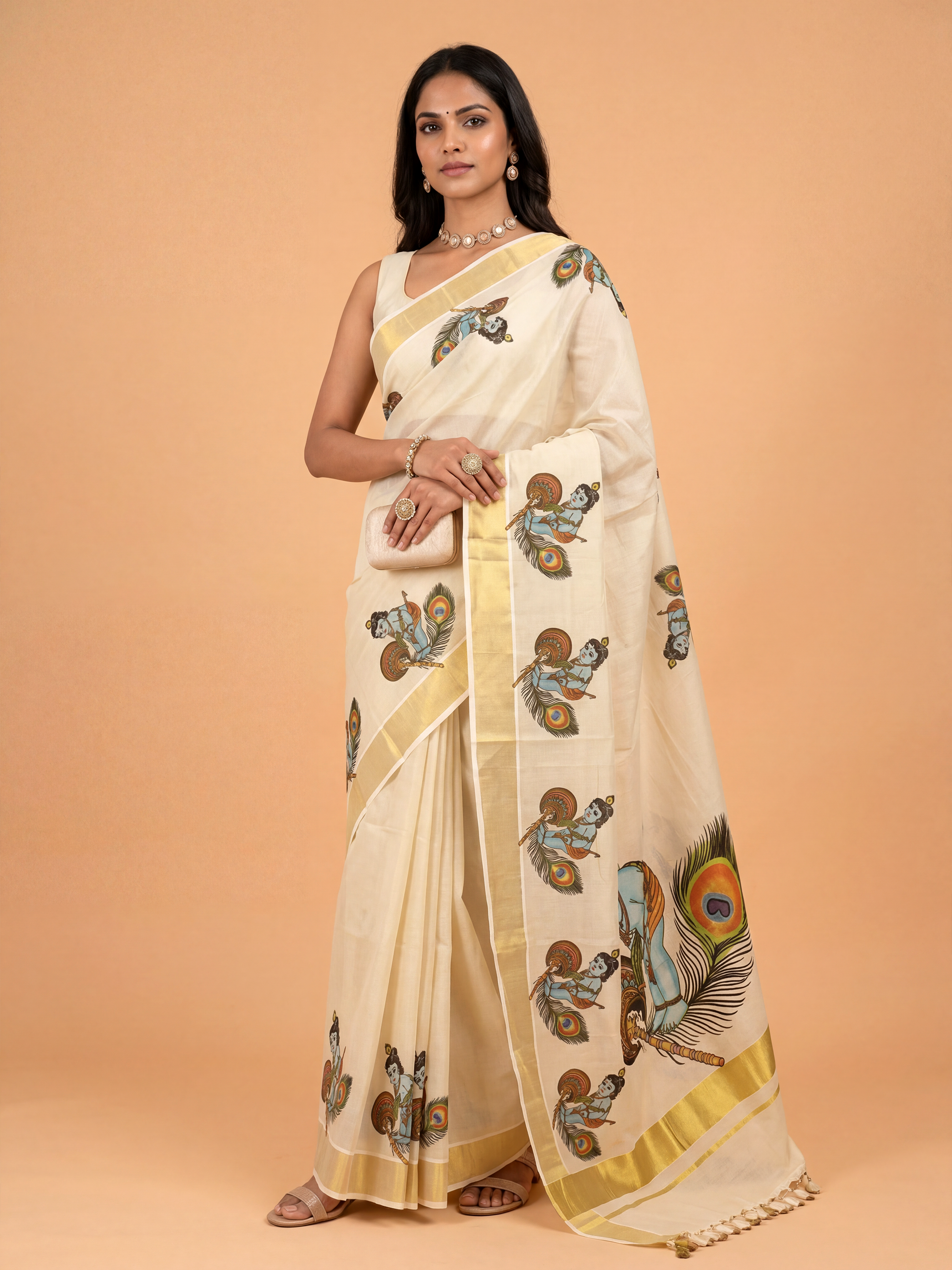 Women Tissue Cream Krishna Printed Kerala Saree KLS28