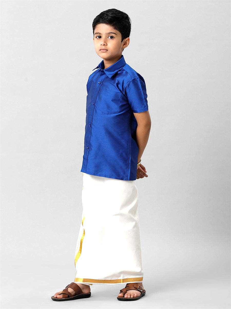 Boys Silk Cotton Light Blue Half Sleeves Shirt K5-Full view