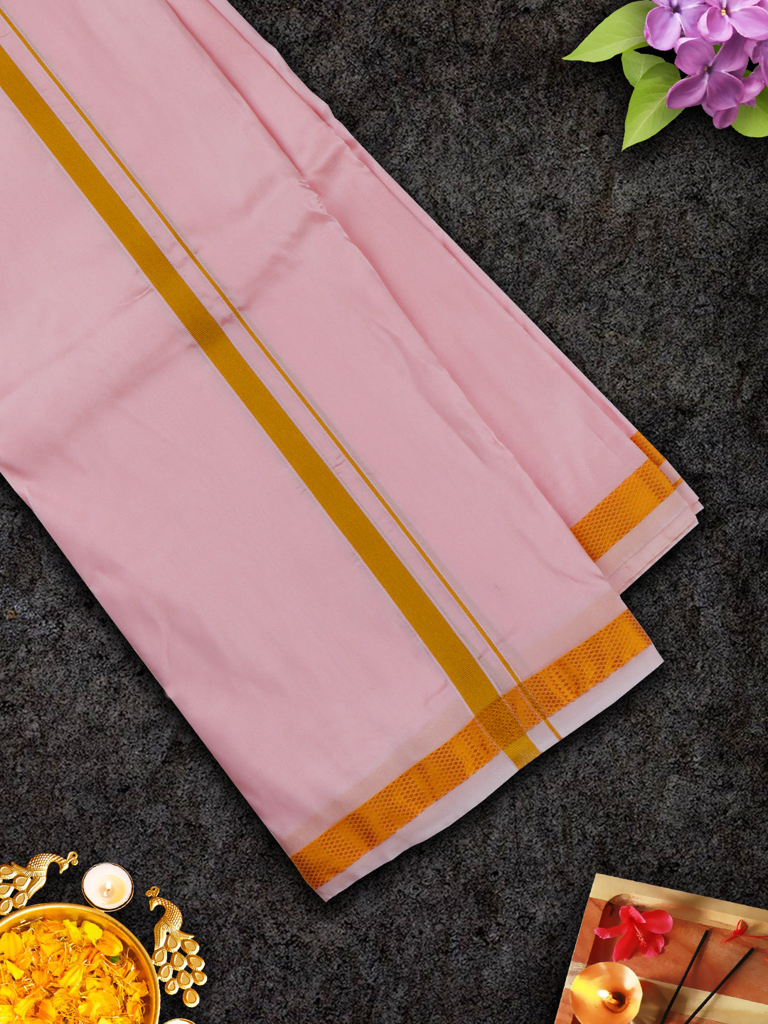 Mens Premium Art Silk Light Pink Shirting & Gold Jari Border Panchakacham Set 9+5 Ashirwath-View five