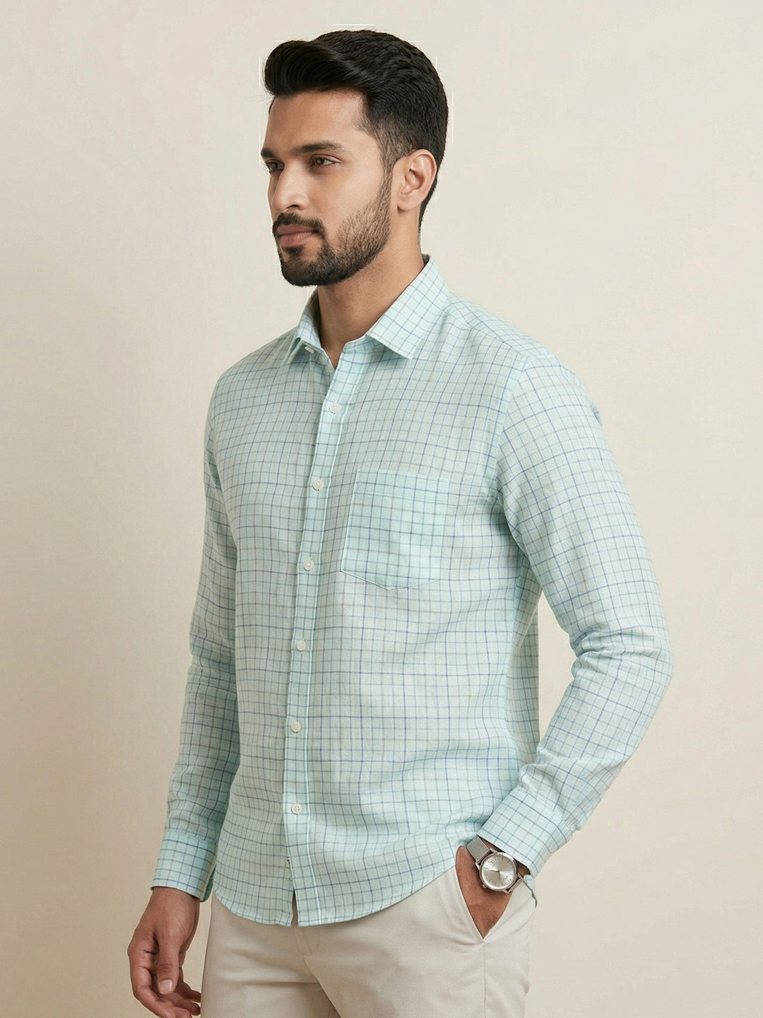 Men Pure Linen Checked Shirt Blue LS147