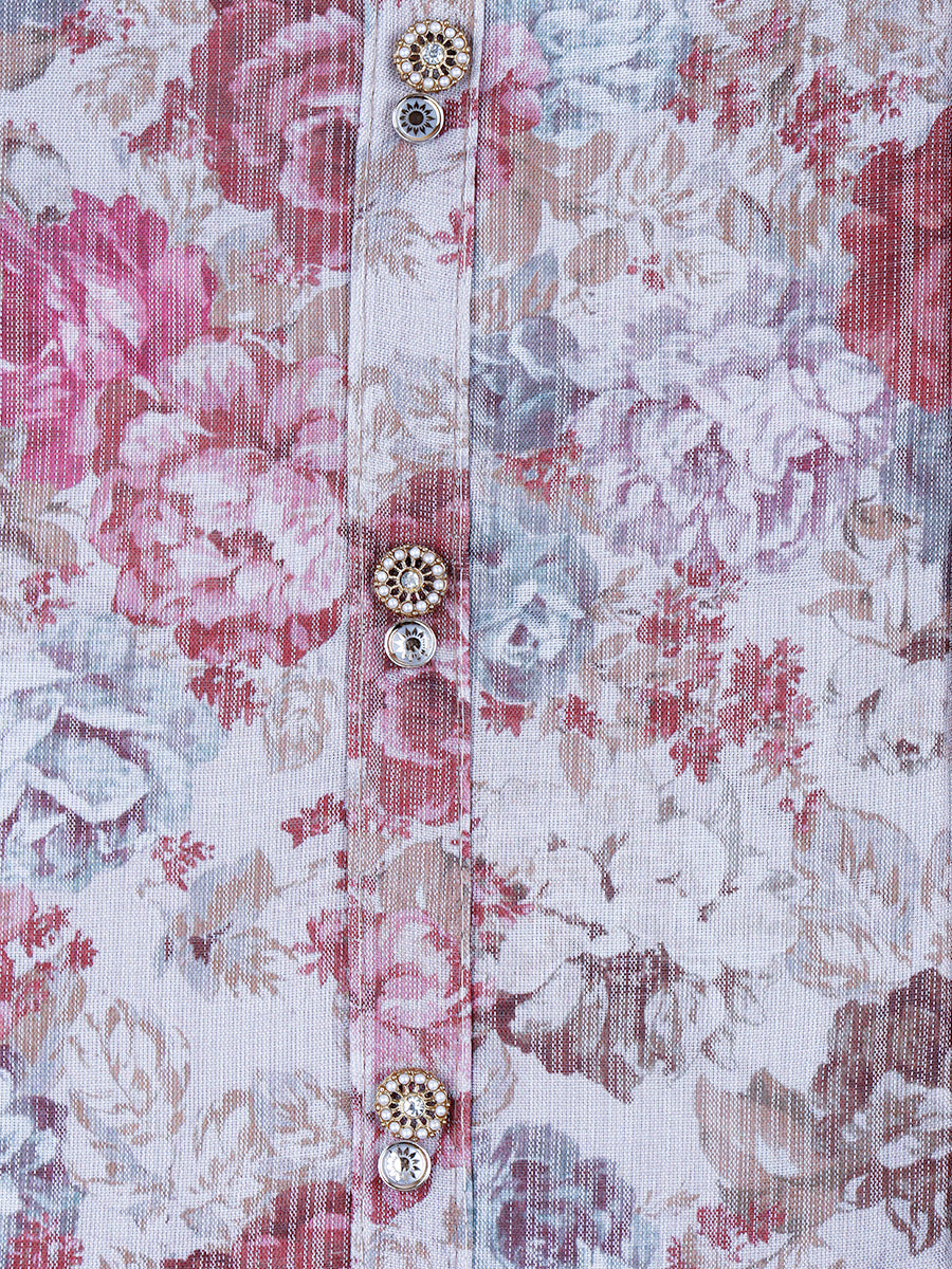 Women Grey & Maroon Flower Digital Print Unstitched Semi Raw Silk Cotton Dress Material DM89
