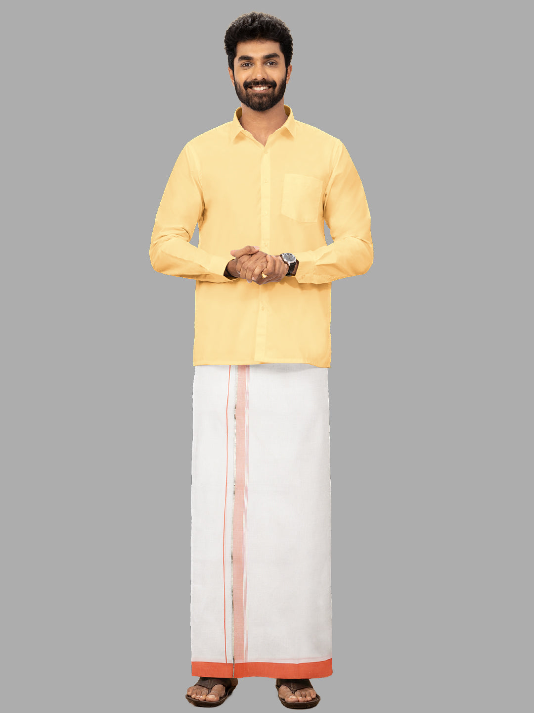 Men Orange Fancy Jari Border Single Dhoti HJF04