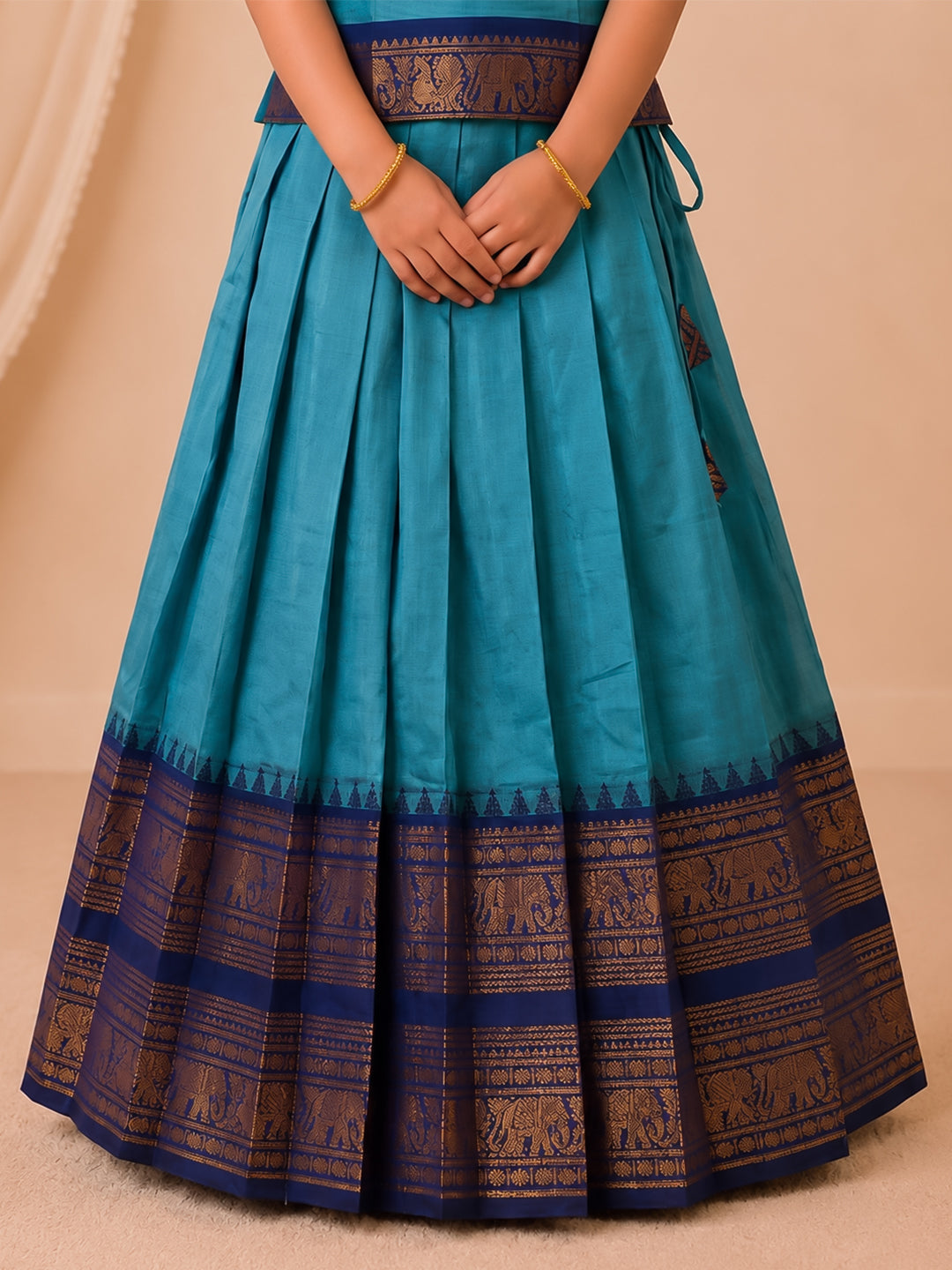 Girls Cotton Blue Pattu Pavadai Set GPS55