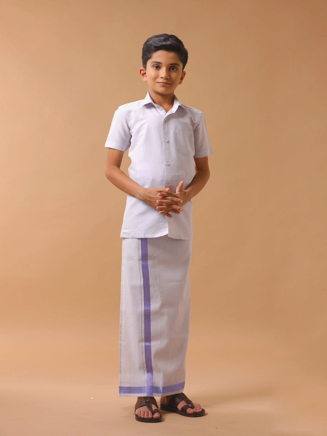 Boys Tissue Jari Half Sleeve Shirt Dhoti Set Sankalpam Lavender