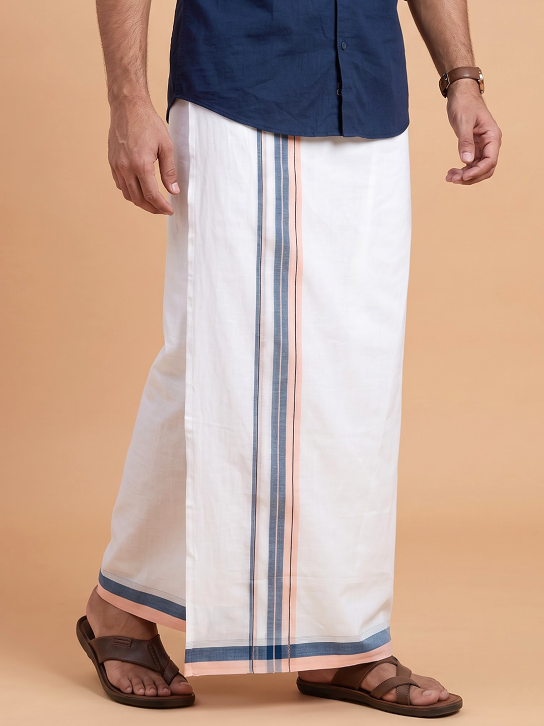 Double Layer 100% Cotton White Dhoti With Colour Jari Border - EJF31