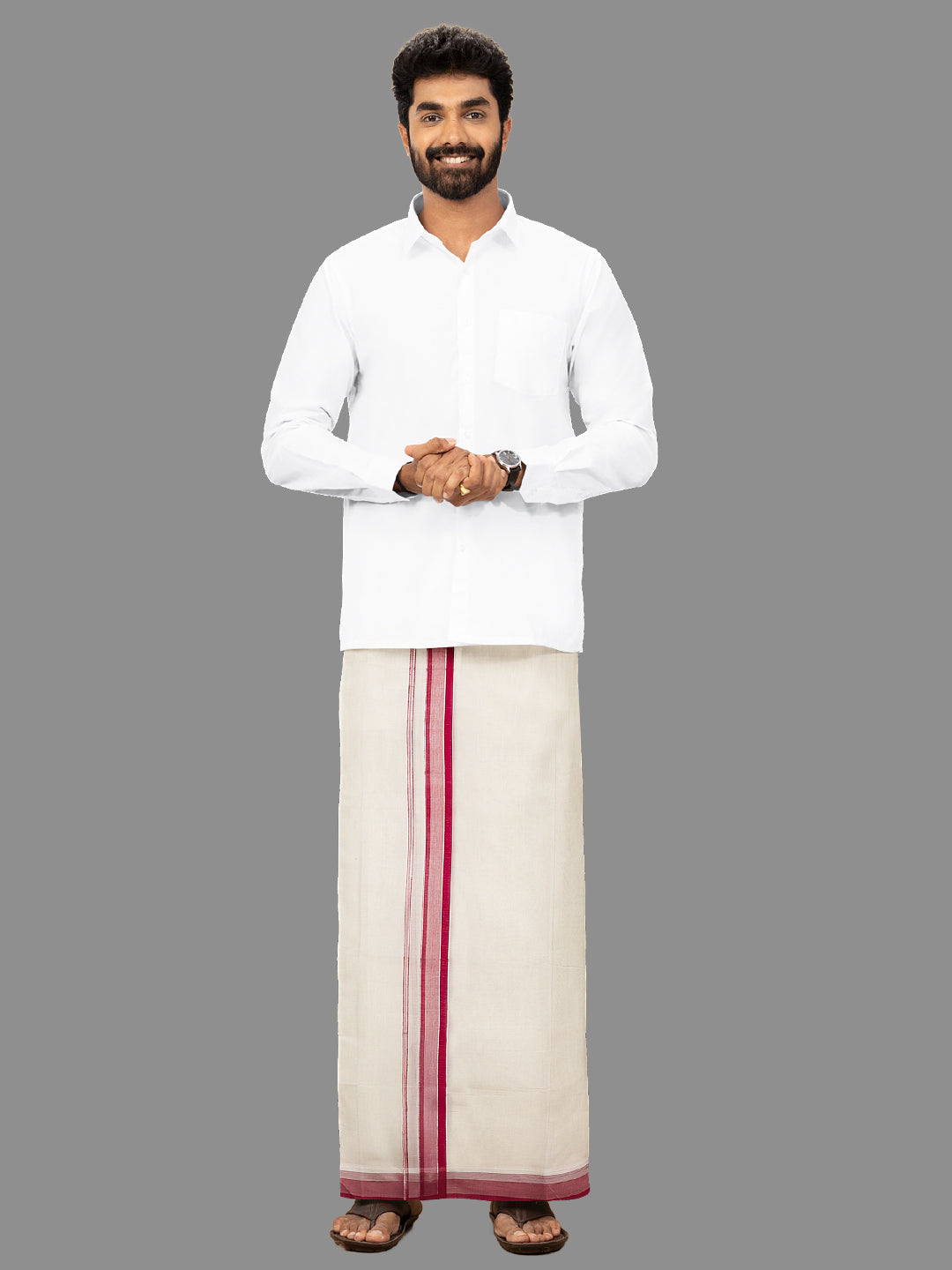 Men Maroon Fancy Jari Border Kora Double Layer Dhoti Harmony Fancy