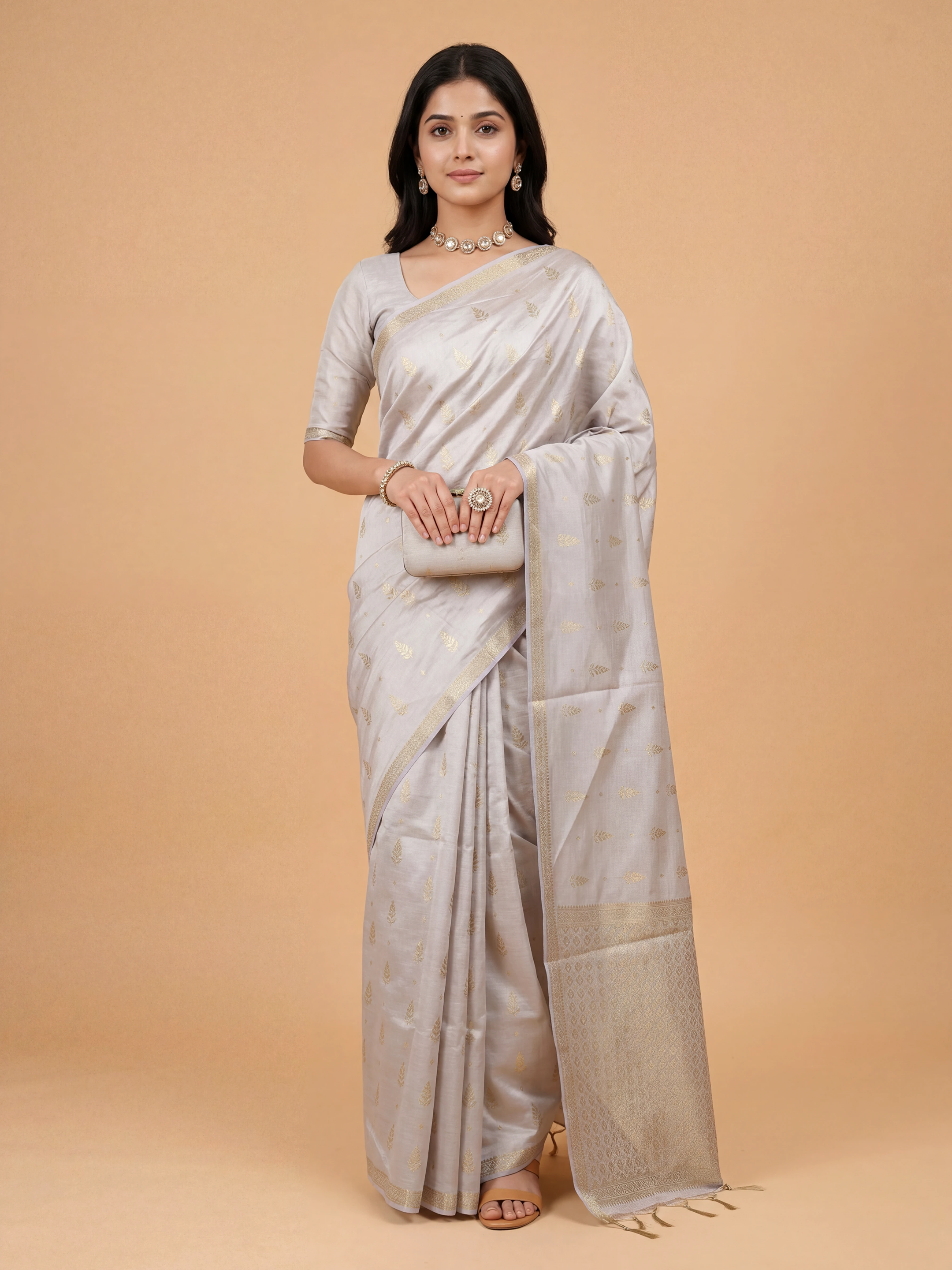 Women Semi Tussar Printed Grey Saree ST346