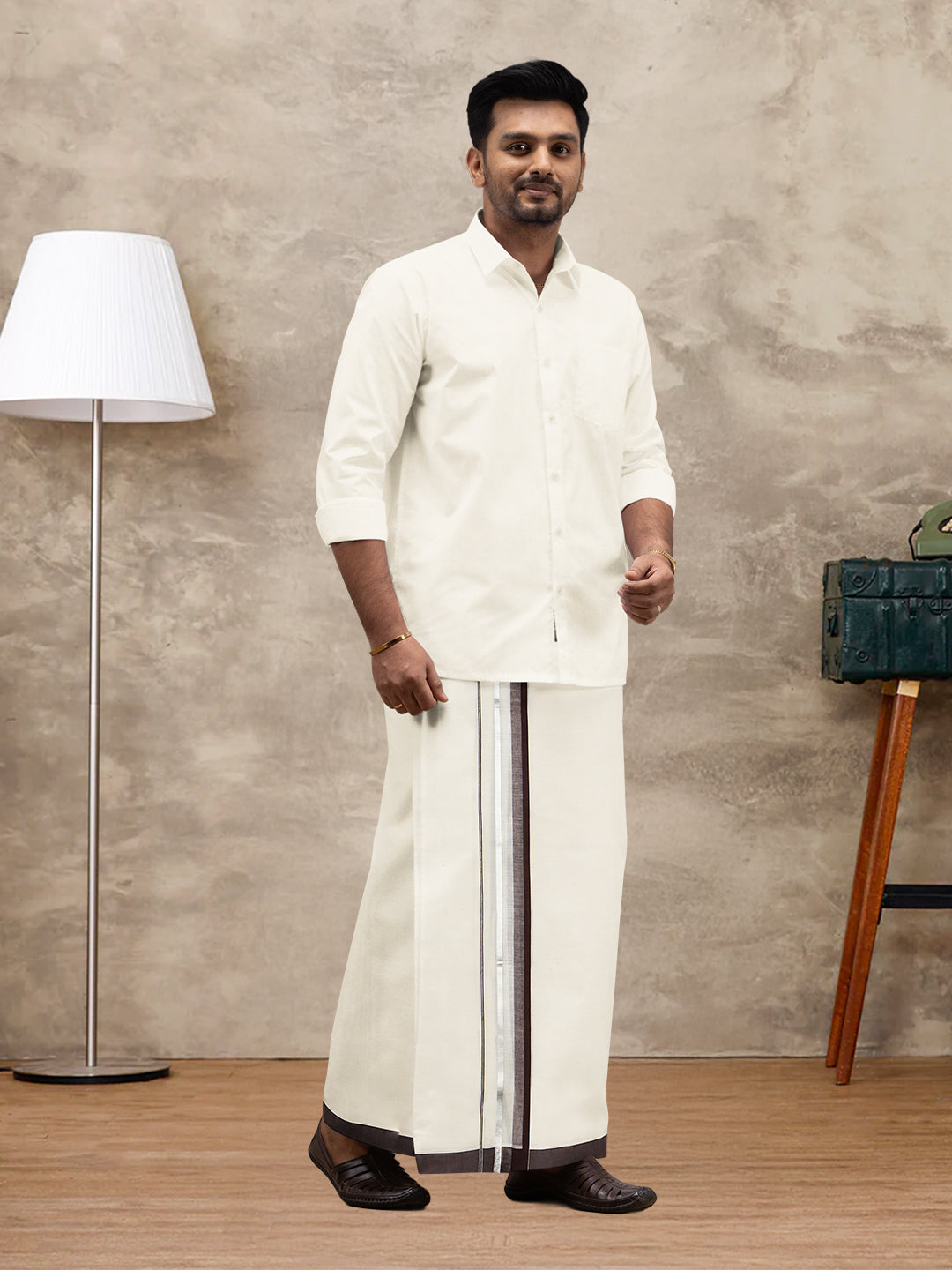 Men Kora Cotton Double Layer Dhoti with Fancy Jari Border ESJ06