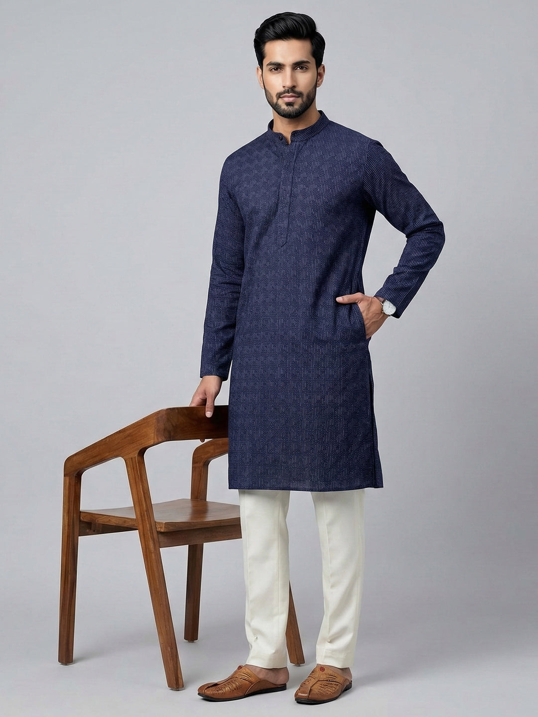 Cotton Medium Length Printed Pocket Kurta Dark Blue RN48