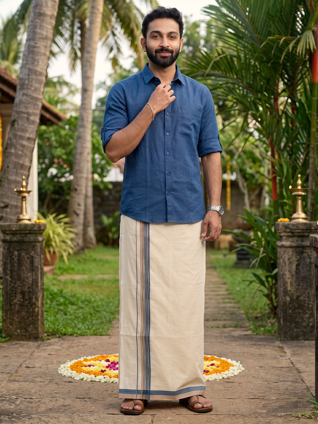 Double Layer Giza Cotton Cream Kora Dhoti with Colour Border - PKF02