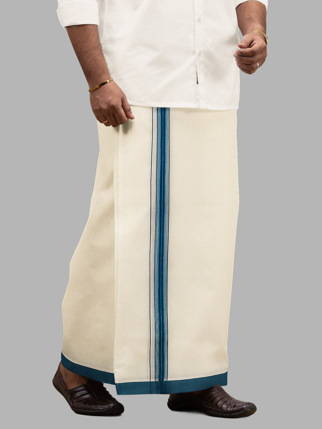 Men Blue Fancy Border Double Layer Kora Dhoti VKF05