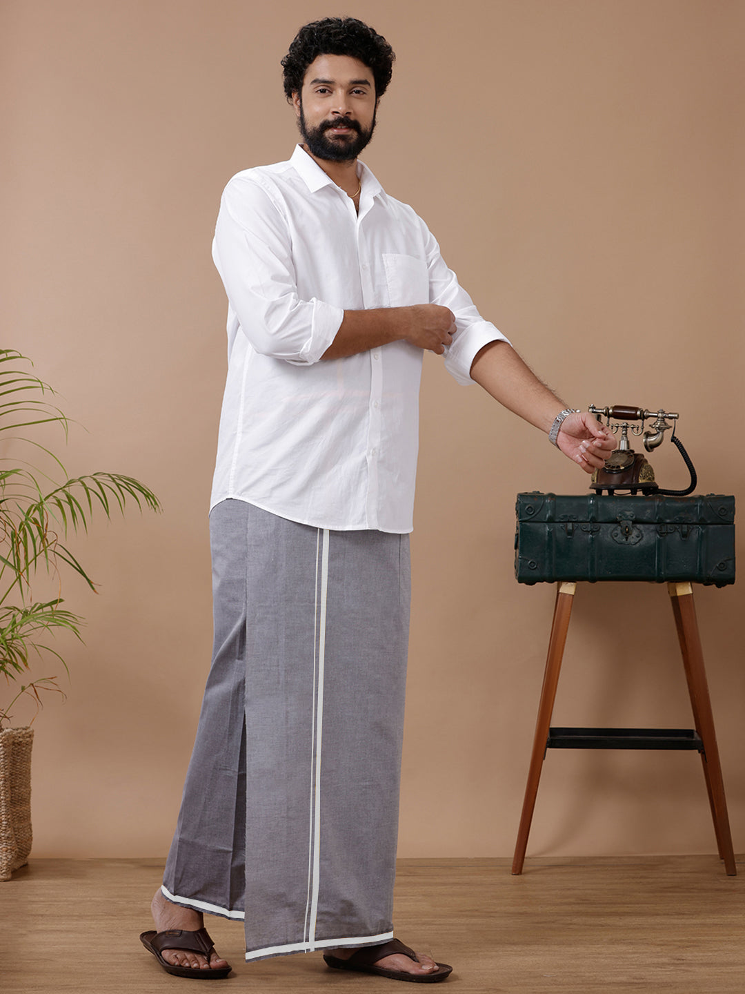 Men Fancy Border Single Dhoti Yogi Silver Gray YSG01