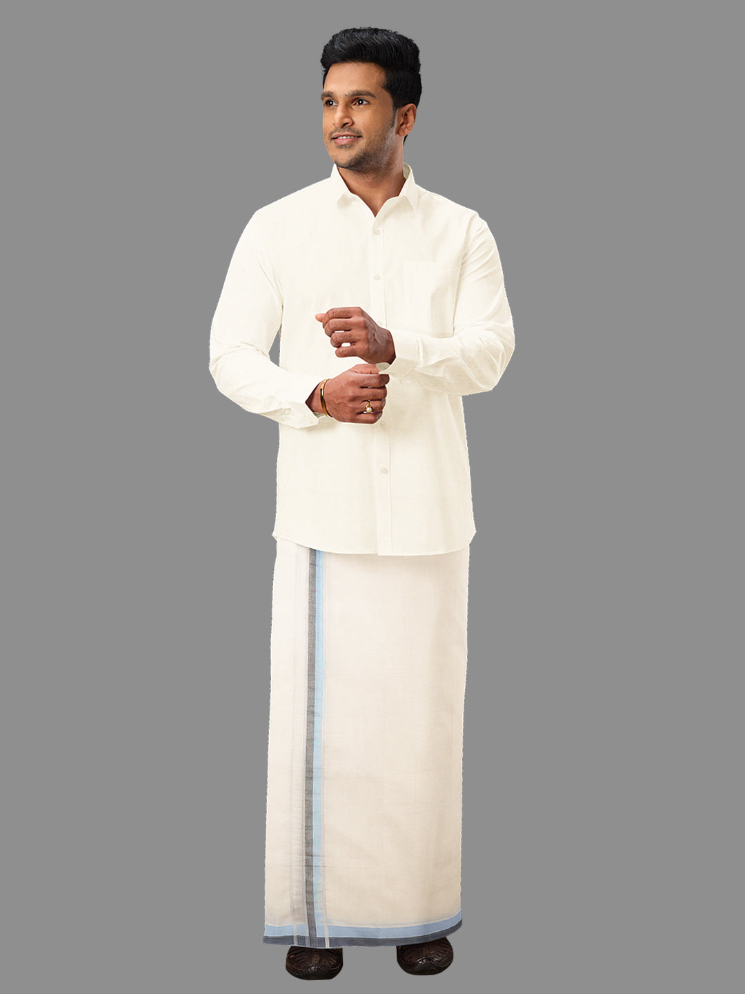 Men Blue Fancy Jari Border Kora Double Dhoti Harmony Fancy