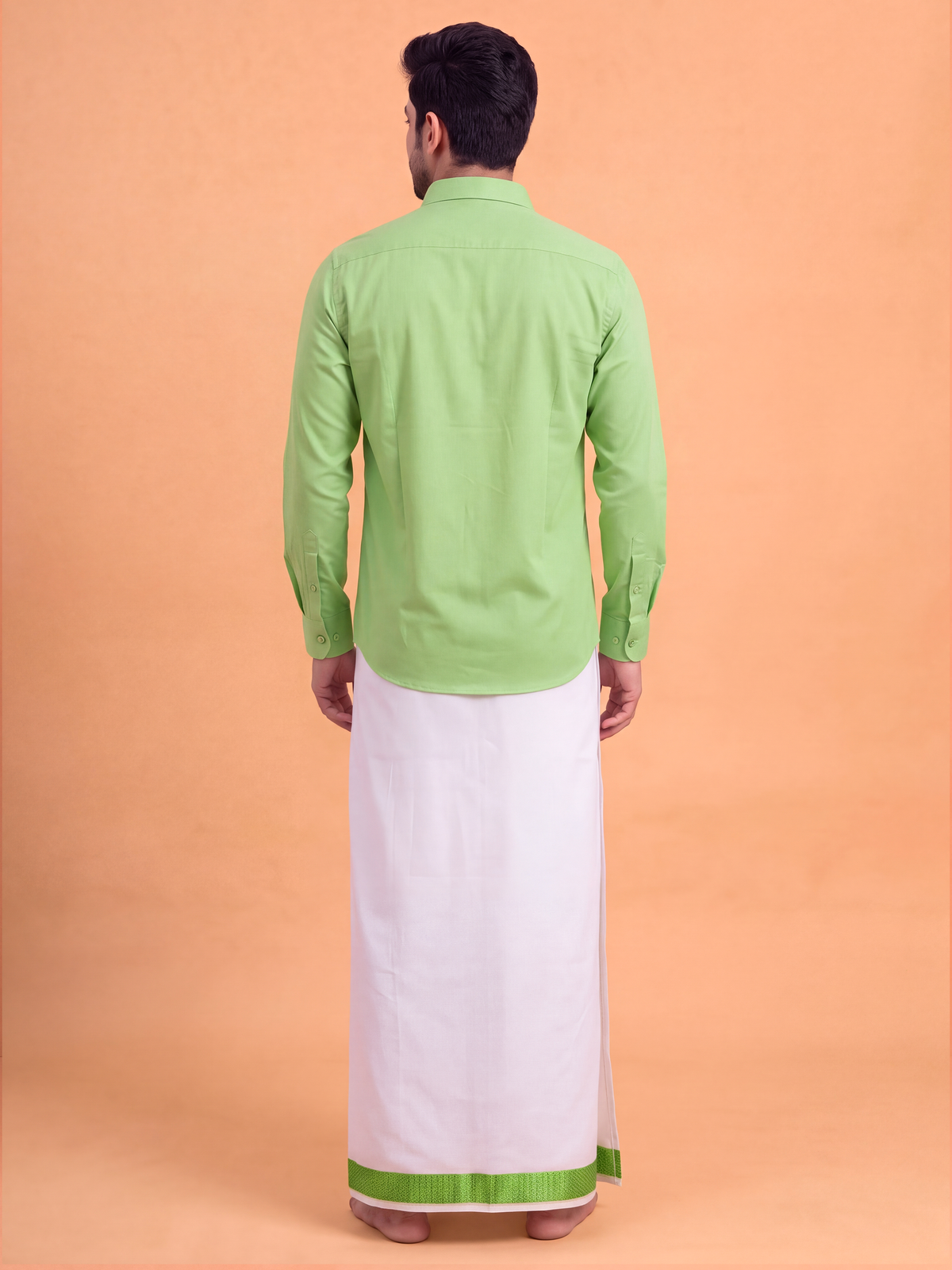 100% Cotton Green Shirt and Colour Jari Border Dhoti Set BT3