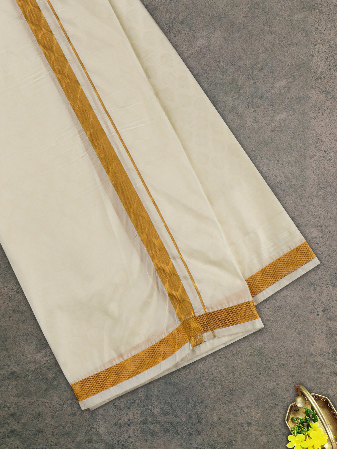 Men Gold Border Double Dhoti & Towel Set Ishwaryam Embose