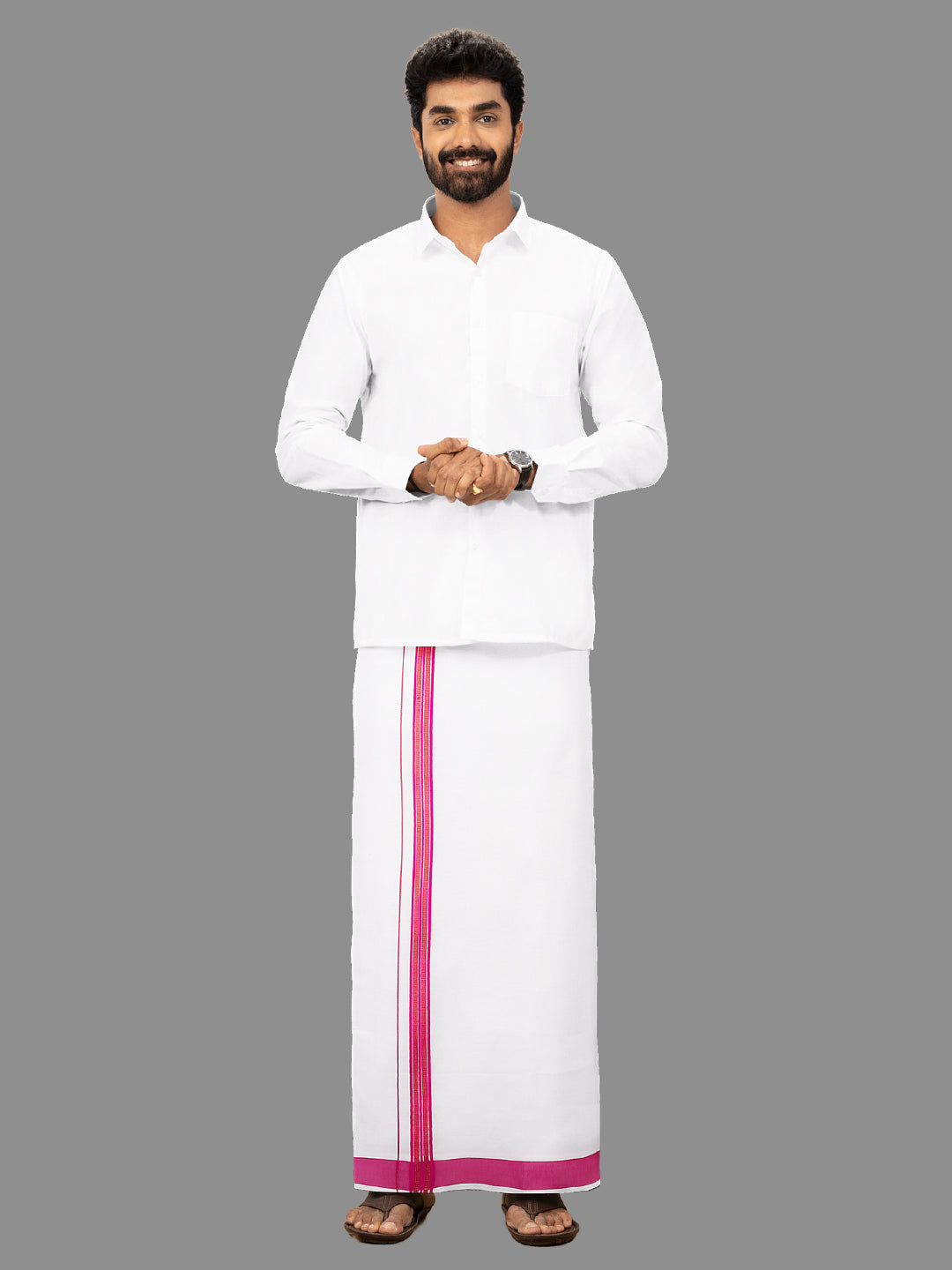 Men White with Pink Fancy Jari Border Single Layer Dhoti YGF04