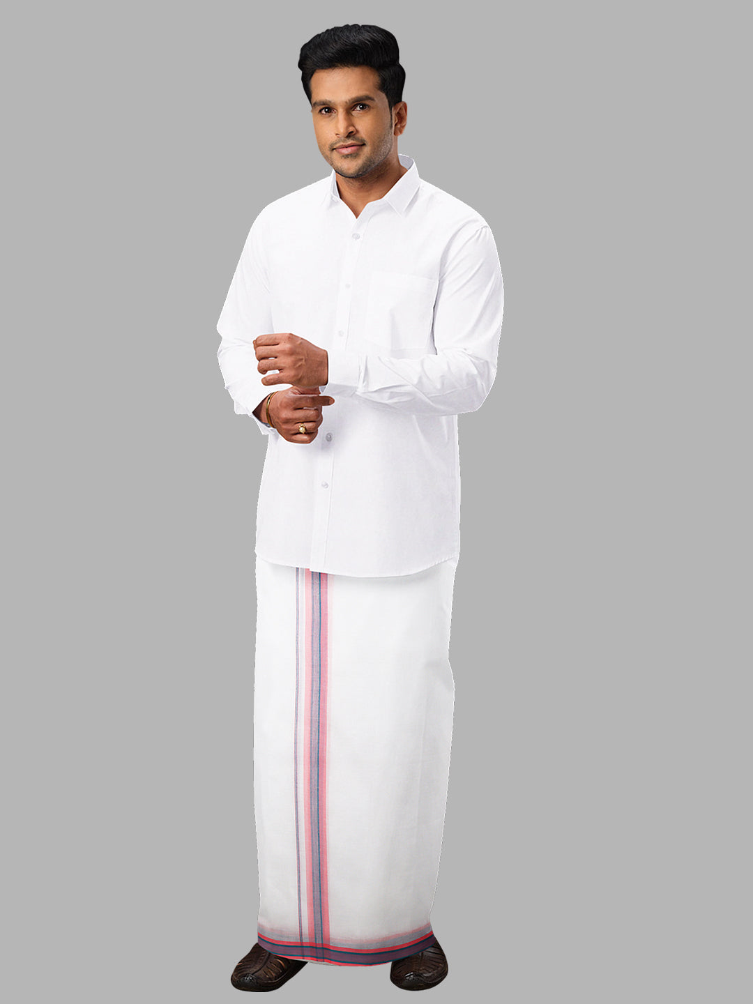 Men Pink Fancy Border Double Layer White Dhoti RVS05