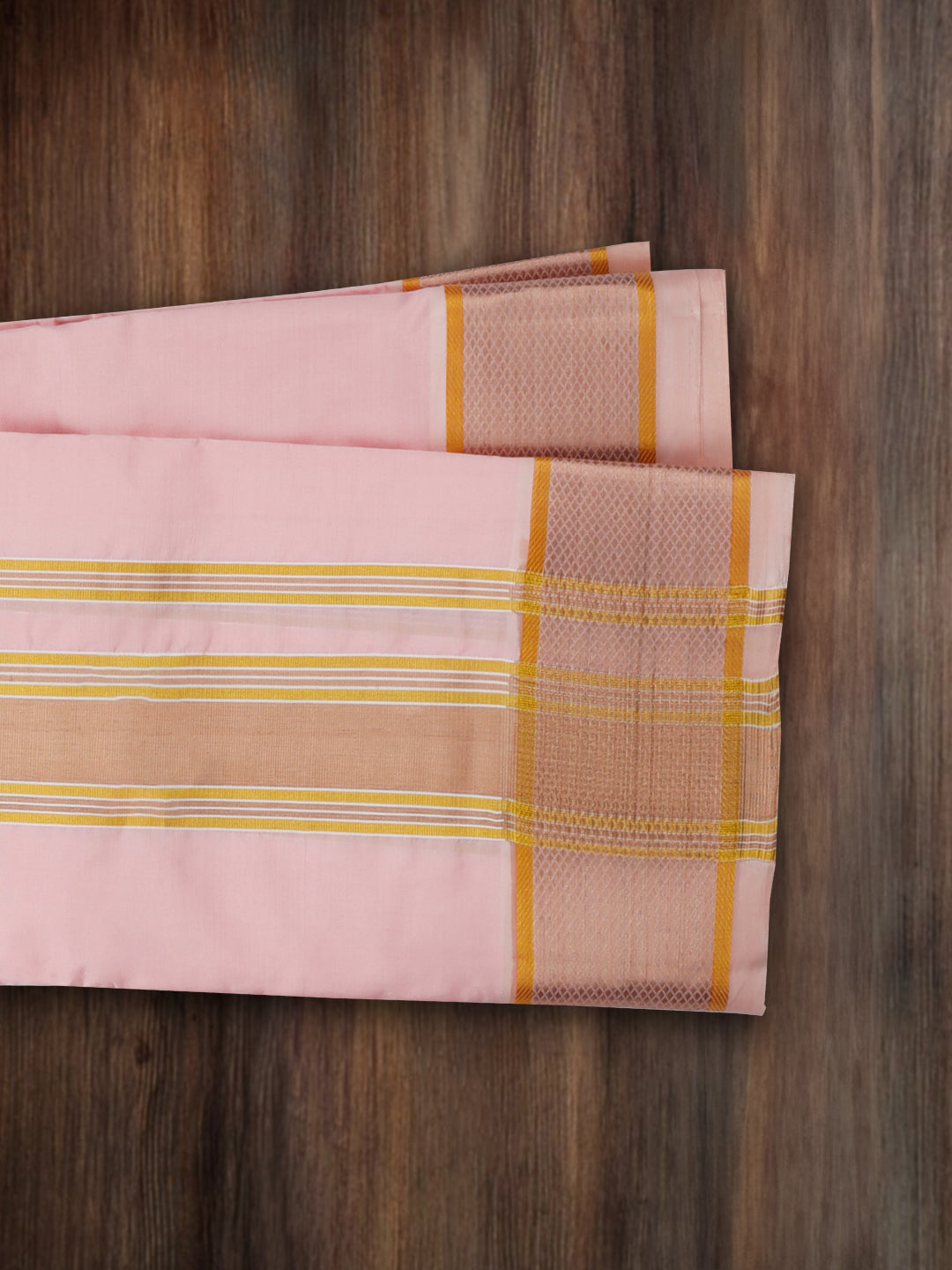 Premium Pure Silk Baby Pink Plain Shirt Bit with 3" jari Gold Fancy & Angavasthram Set Rajahamsa