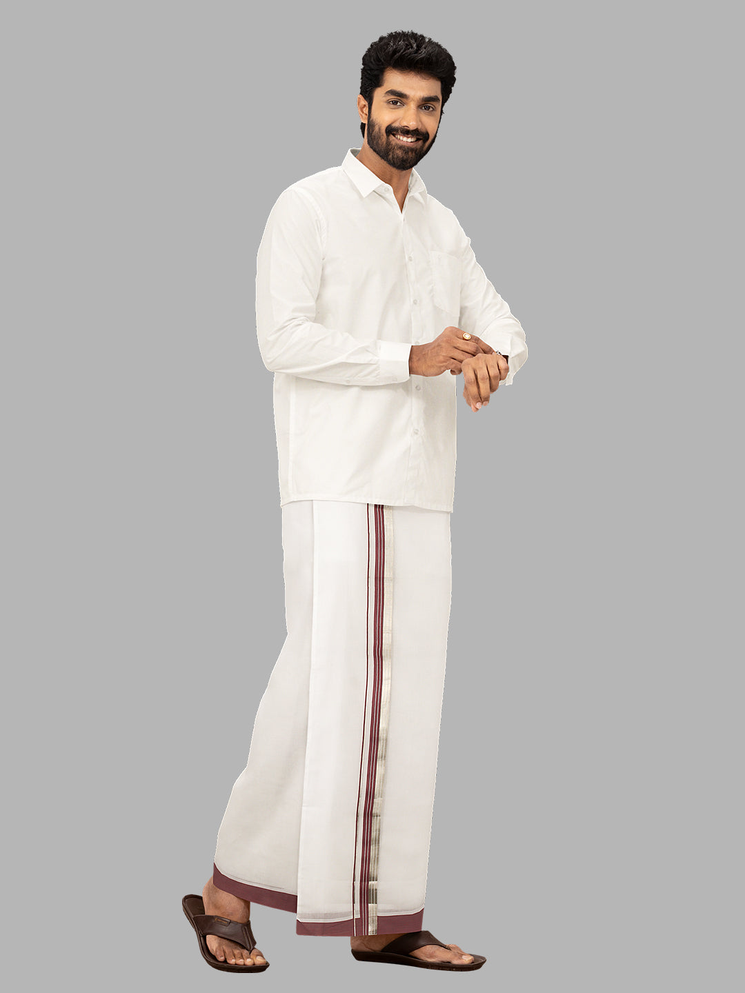 Men Fancy Jari Border Double Layer White Dhoti RG01