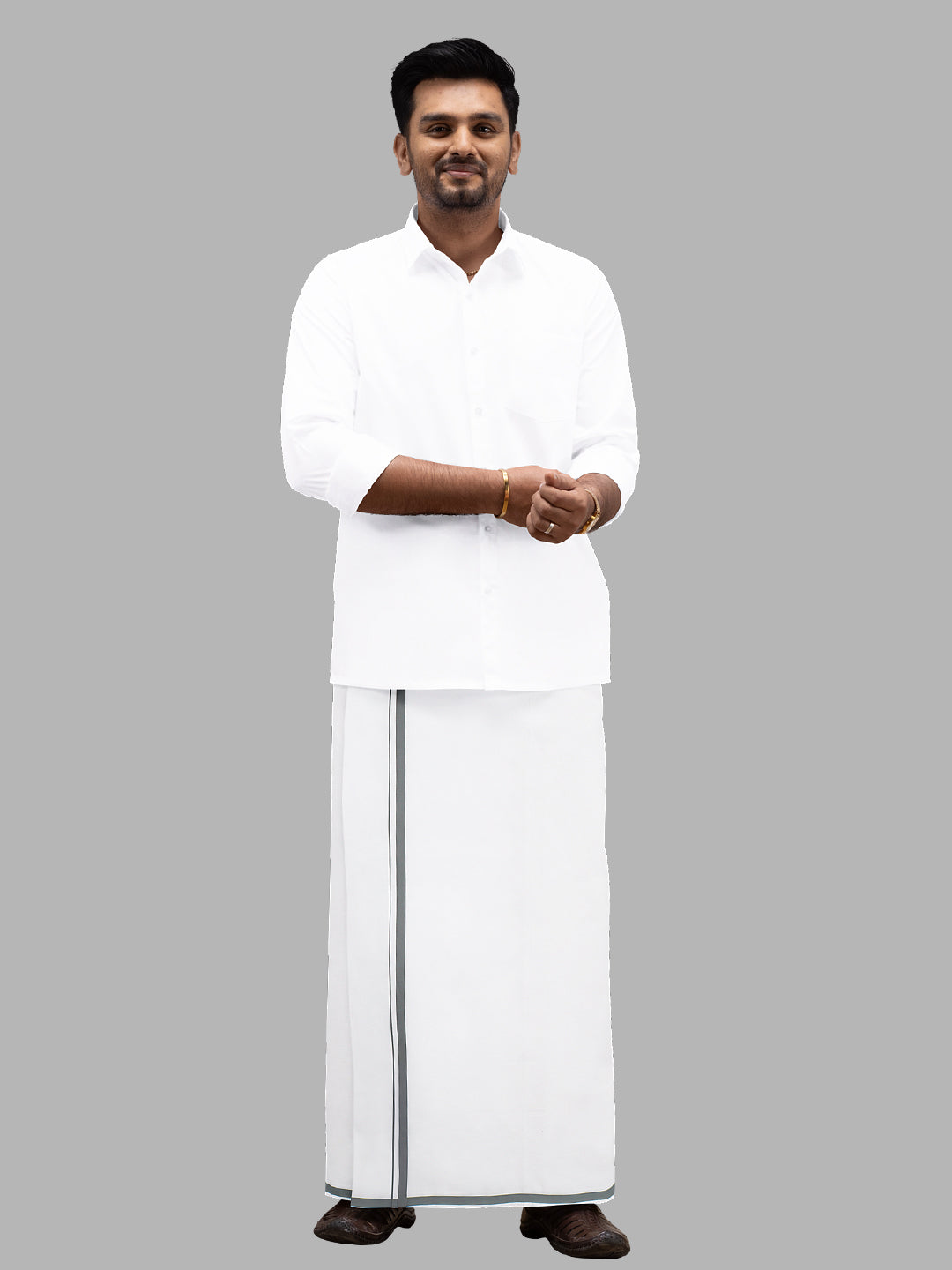 Men White with Grey Big Border Single Layer Dhoti Bramosh